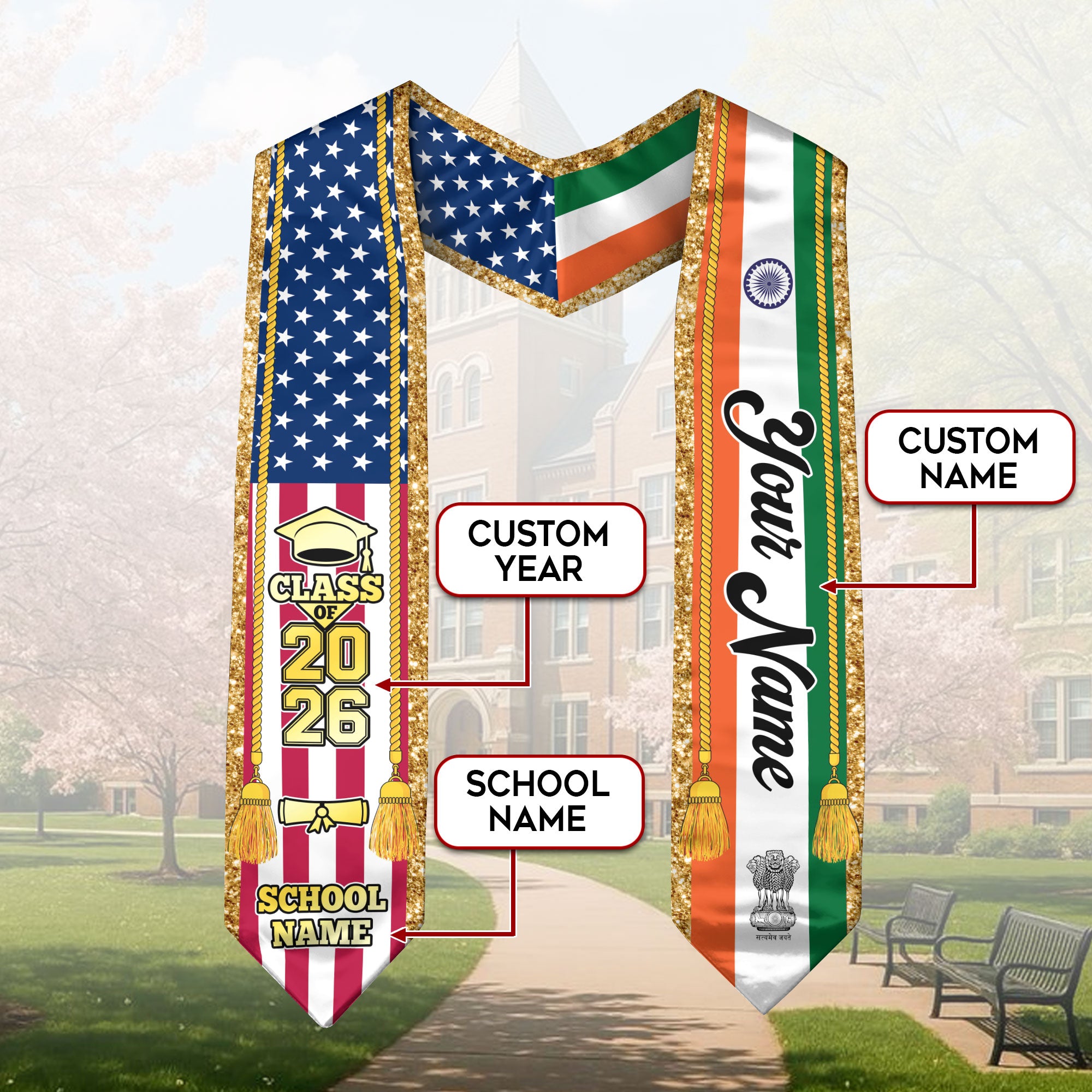 Customized India Graduation Stole with Indian Flag Emblem, Graduation Sash for Class of 2026