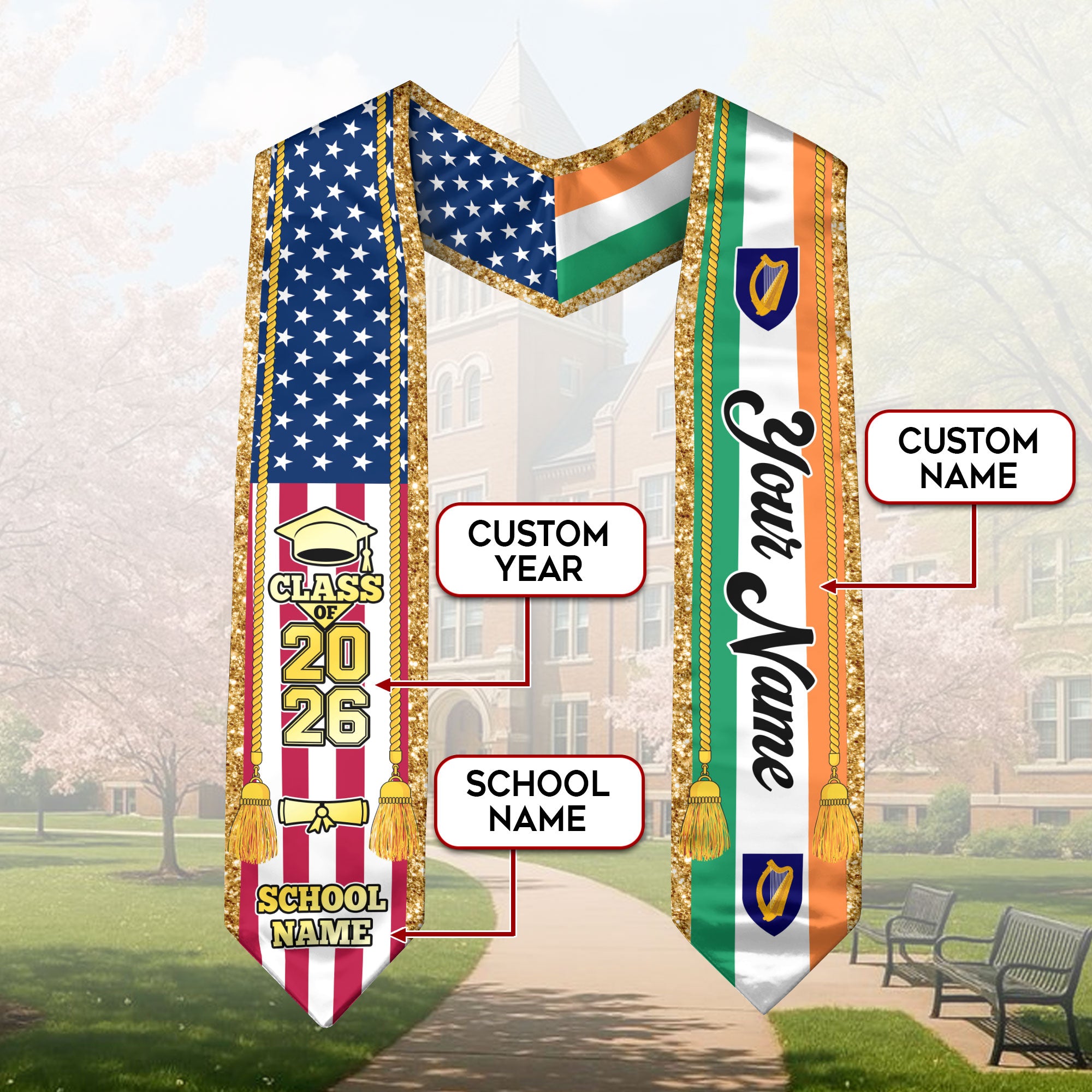 Customized Ireland Graduation Stole with Irish Flag Emblem, Graduation Sash for Class of 2026