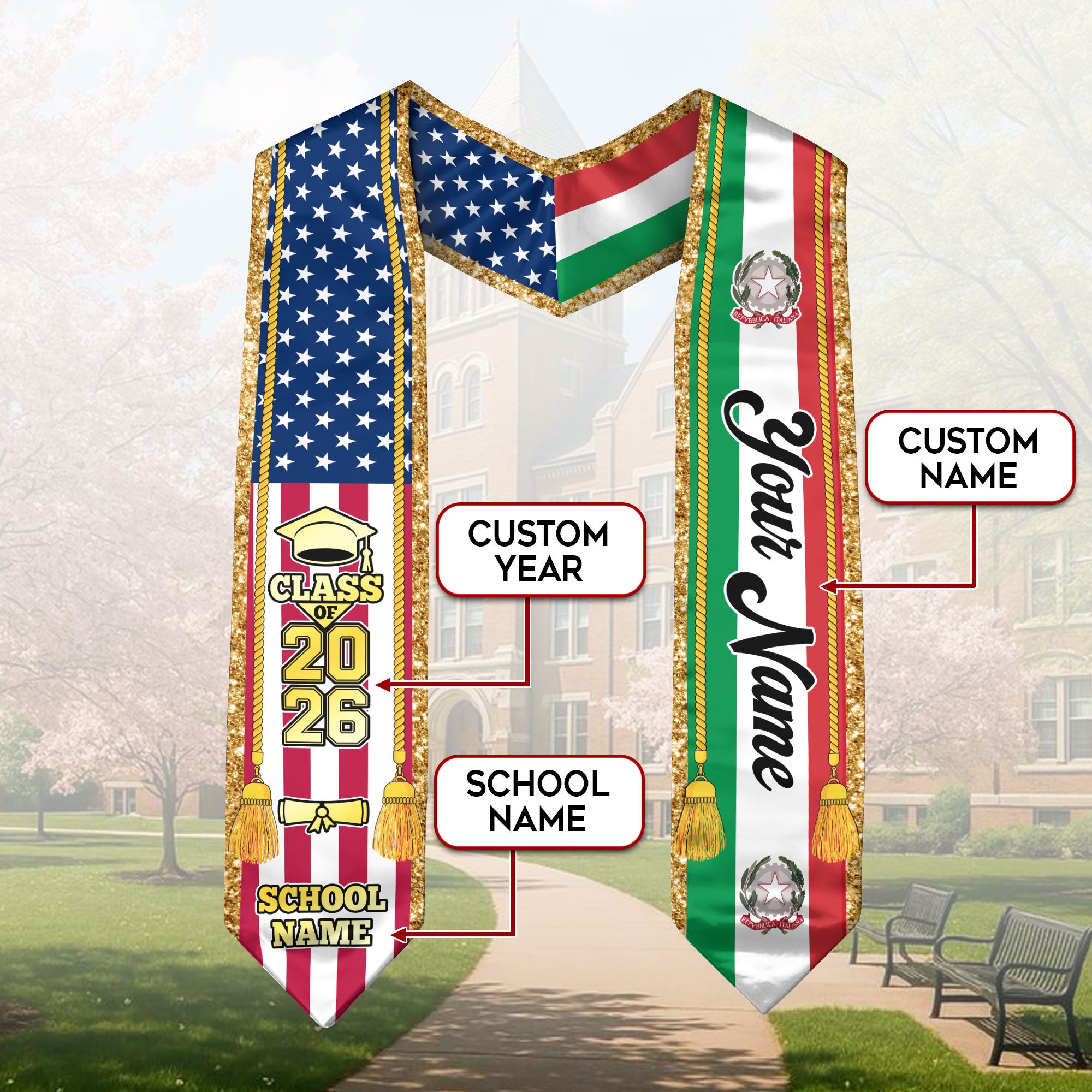 Customized Italy Graduation Stole with Italian Flag Emblem, Graduation Sash for Class of 2026