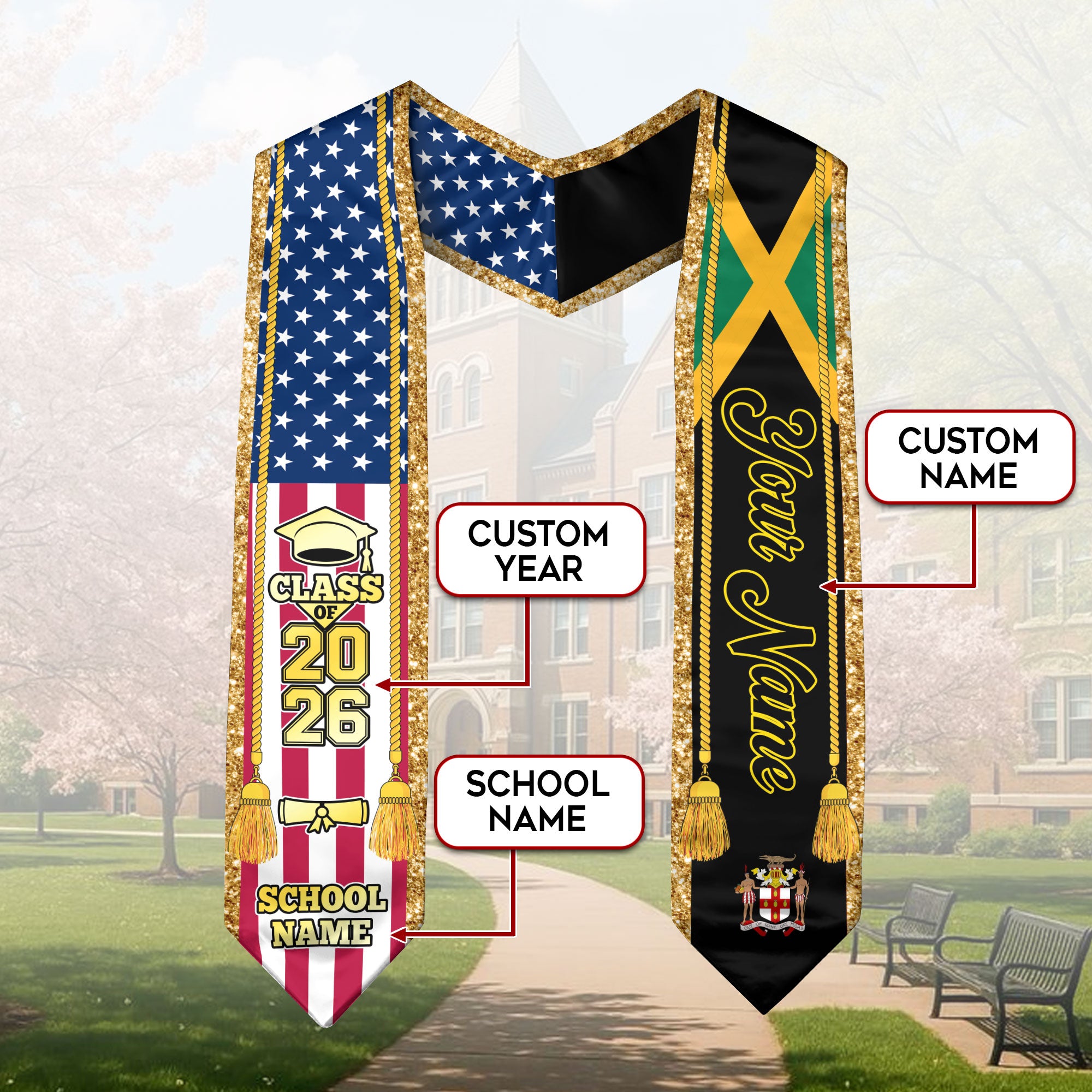 Customized Jamaica Graduation Stole with Jamaican Flag Emblem, Graduation Sash for Class of 2026