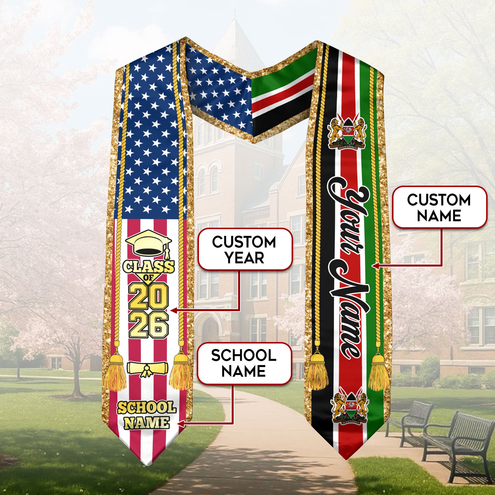 Customized Kenya Graduation Stole with Kenyan Flag Emblem, Graduation Sash for Class of 2026