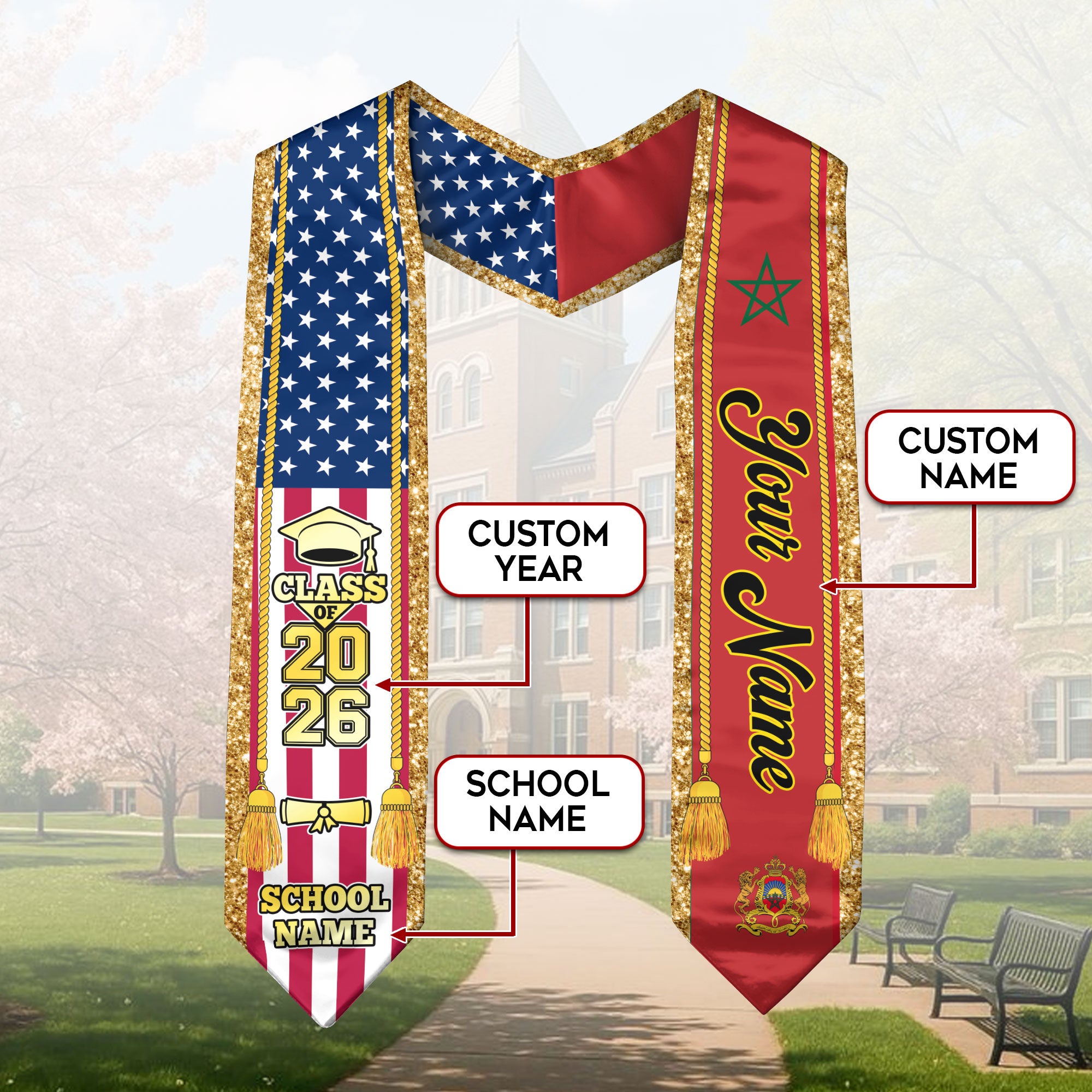 Customized Morocco Graduation Stole with Moroccan Flag Emblem, Graduation Sash for Class of 2026