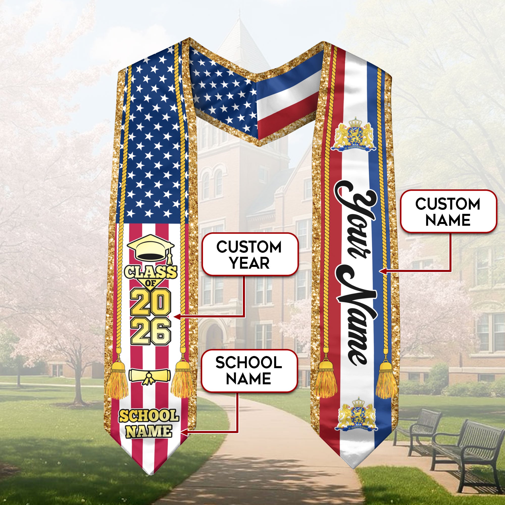 Customized Netherlands Graduation Stole with Dutch Flag Emblem, Graduation Sash for Class of 2026