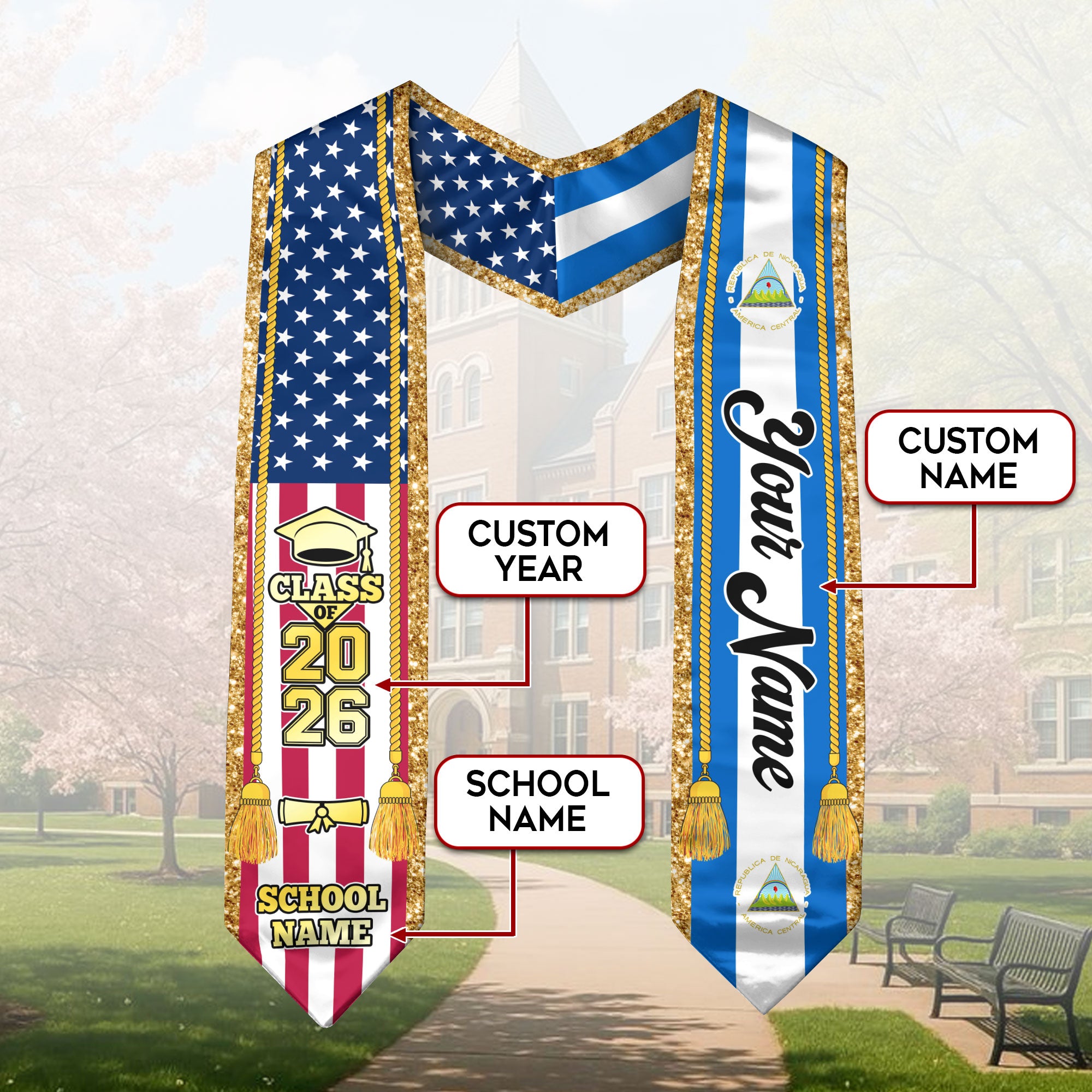Customized Nicaragua Graduation Stole with Nicaraguan Flag Emblem, Graduation Sash for Class of 2026