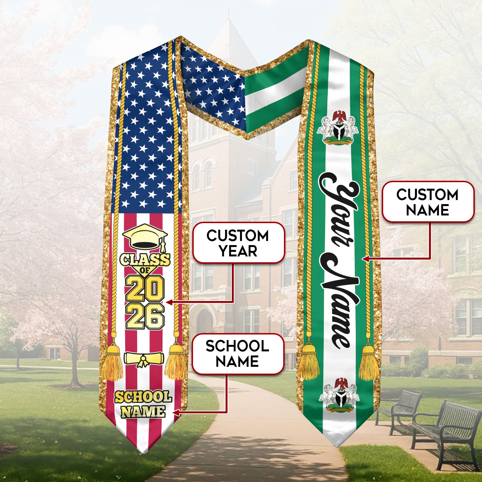 Customized Nigeria Graduation Stole with Nigerian Flag Emblem, Graduation Sash for Class of 2026