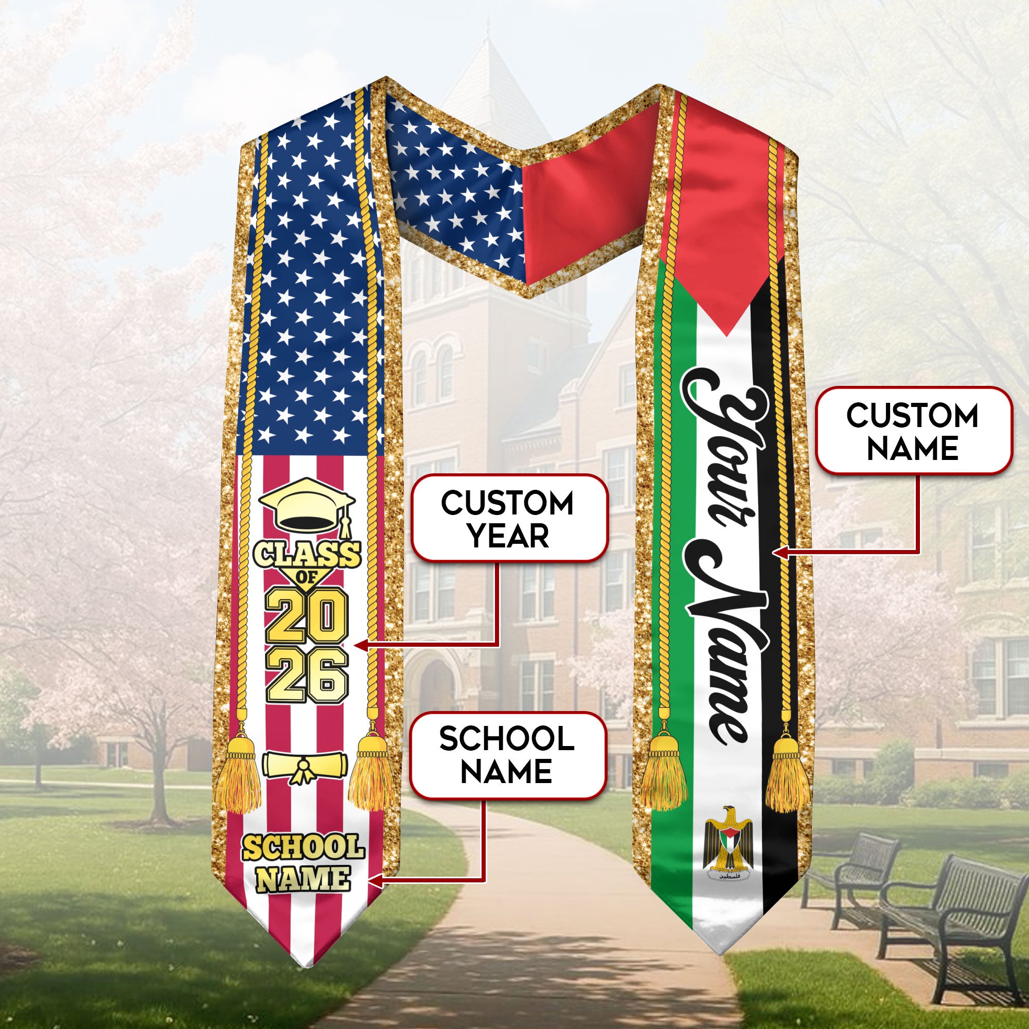 Customized Palestine Graduation Stole with Palestinian Flag Emblem, Graduation Sash for Class of 2026