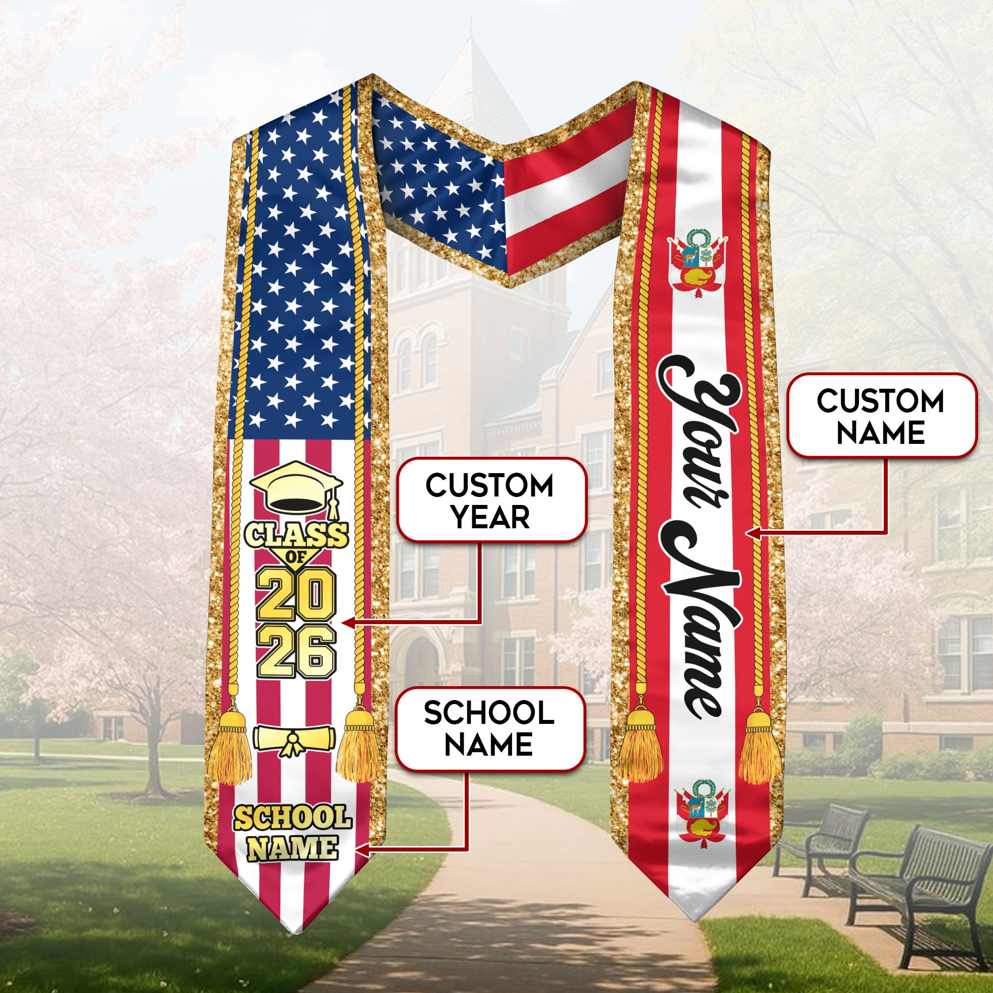 Customized Peru Graduation Stole with Peruvian Flag Emblem, Graduation Sash for Class of 2026