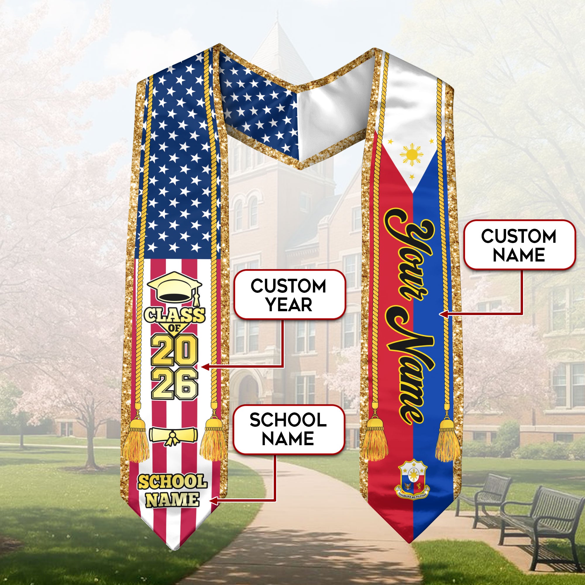 Customized Philippines Graduation Stole with Filipino Flag Emblem, Graduation Sash for Class of 2026