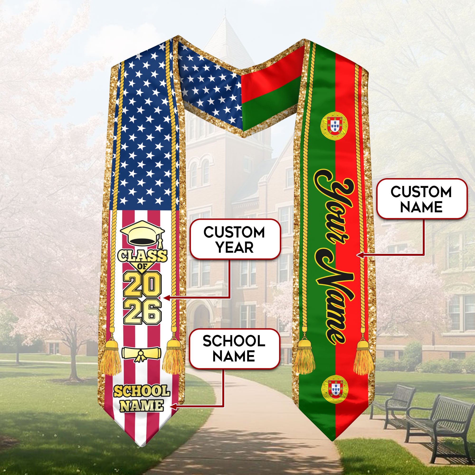 Customized Portugal Graduation Stole with Portuguese Flag Emblem, Graduation Sash for Class of 2026