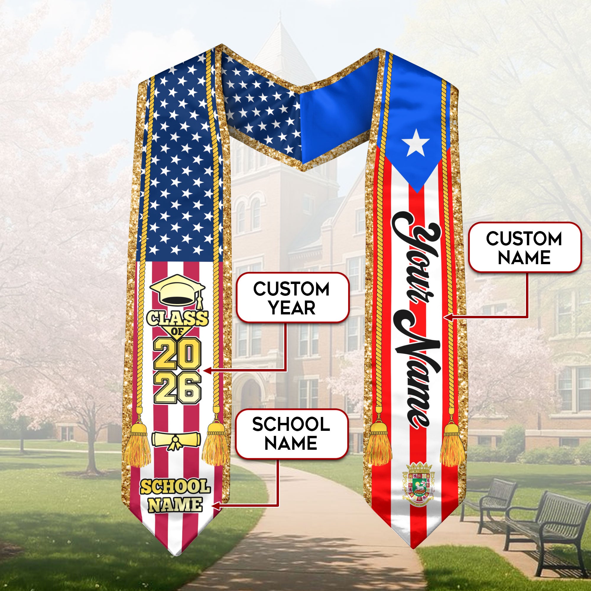 Customized Puerto Rico Graduation Stole with Puerto Rican Flag Emblem, Graduation Sash for Class of 2026
