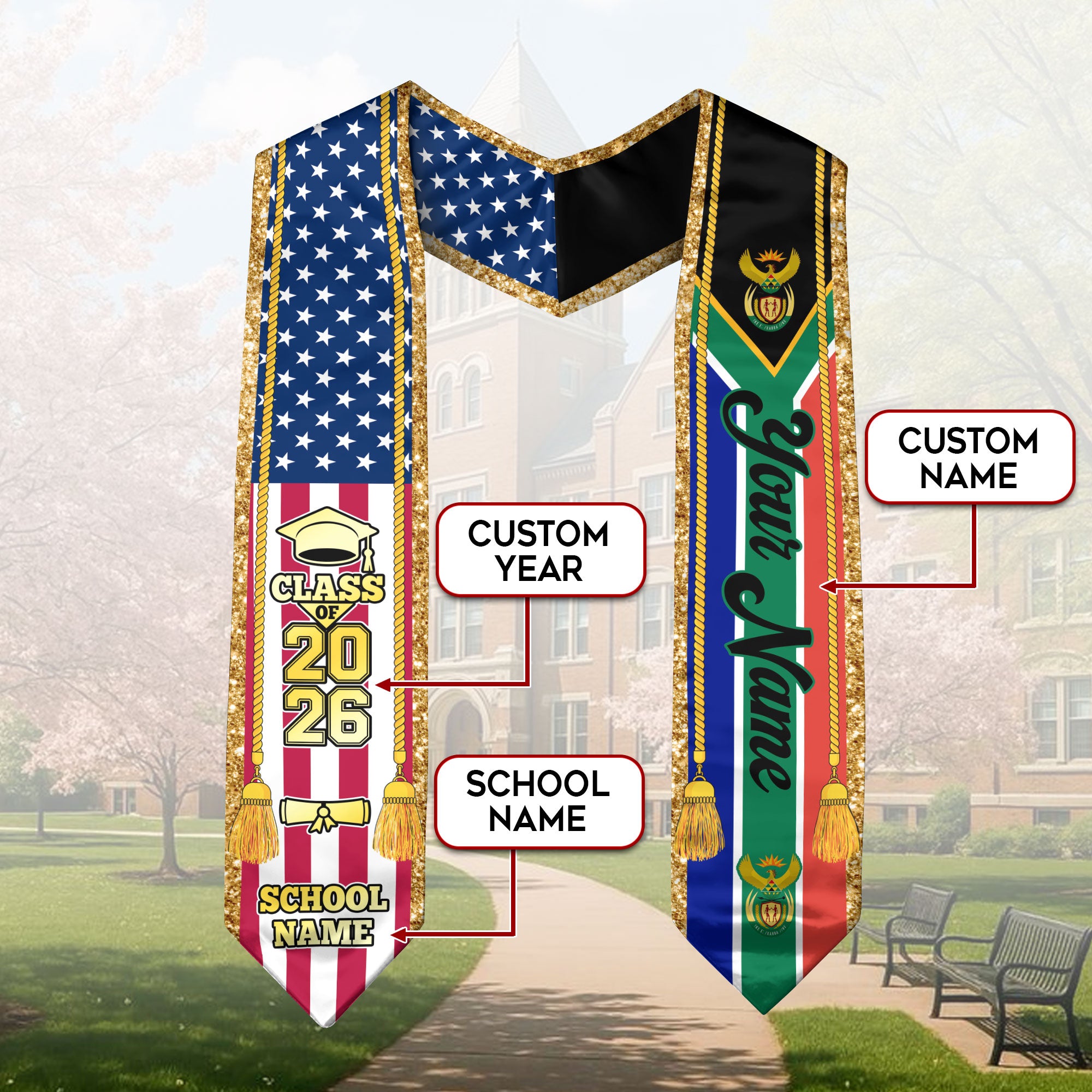 Customized South Africa Graduation Stole with National Flag Emblem, Graduation Sash for Class of 2026