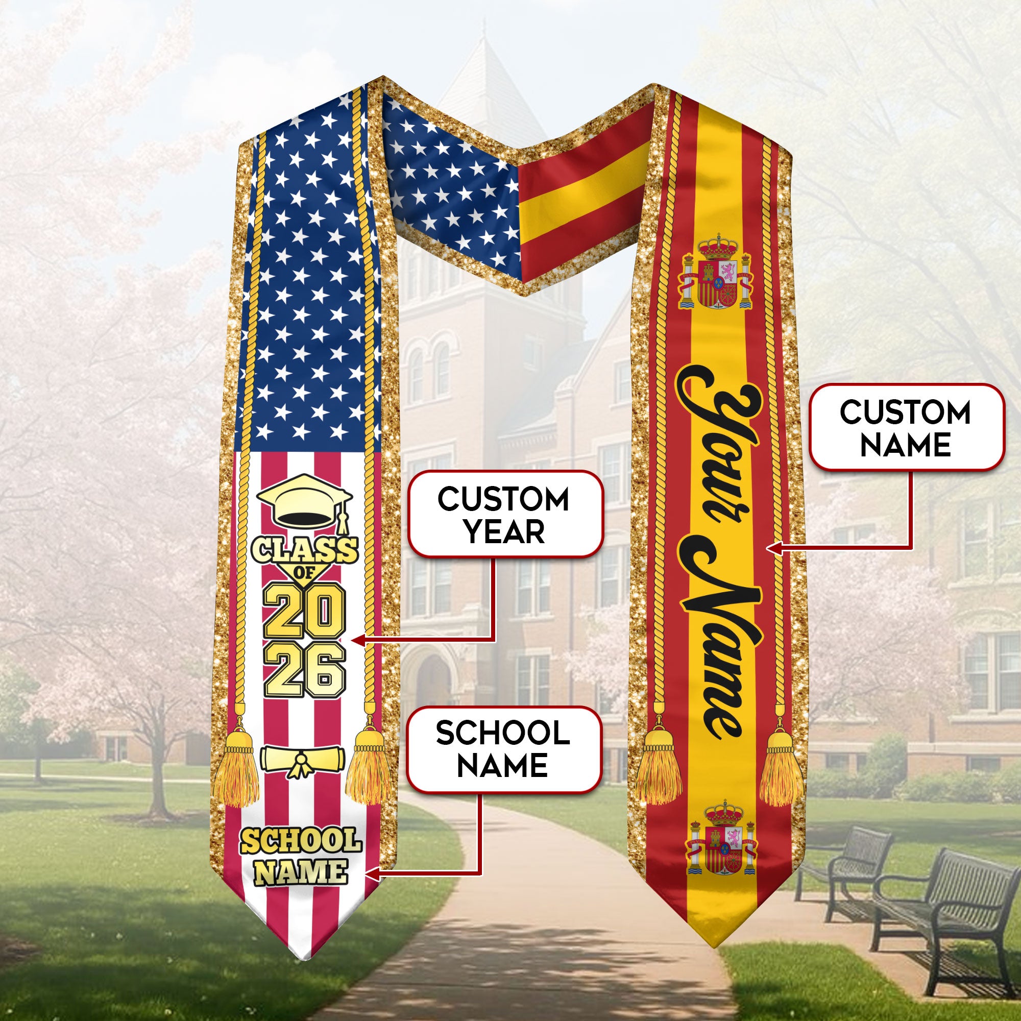 Customized Spain Graduation Stole with Spanish Flag Emblem, Graduation Sash for Class of 2026