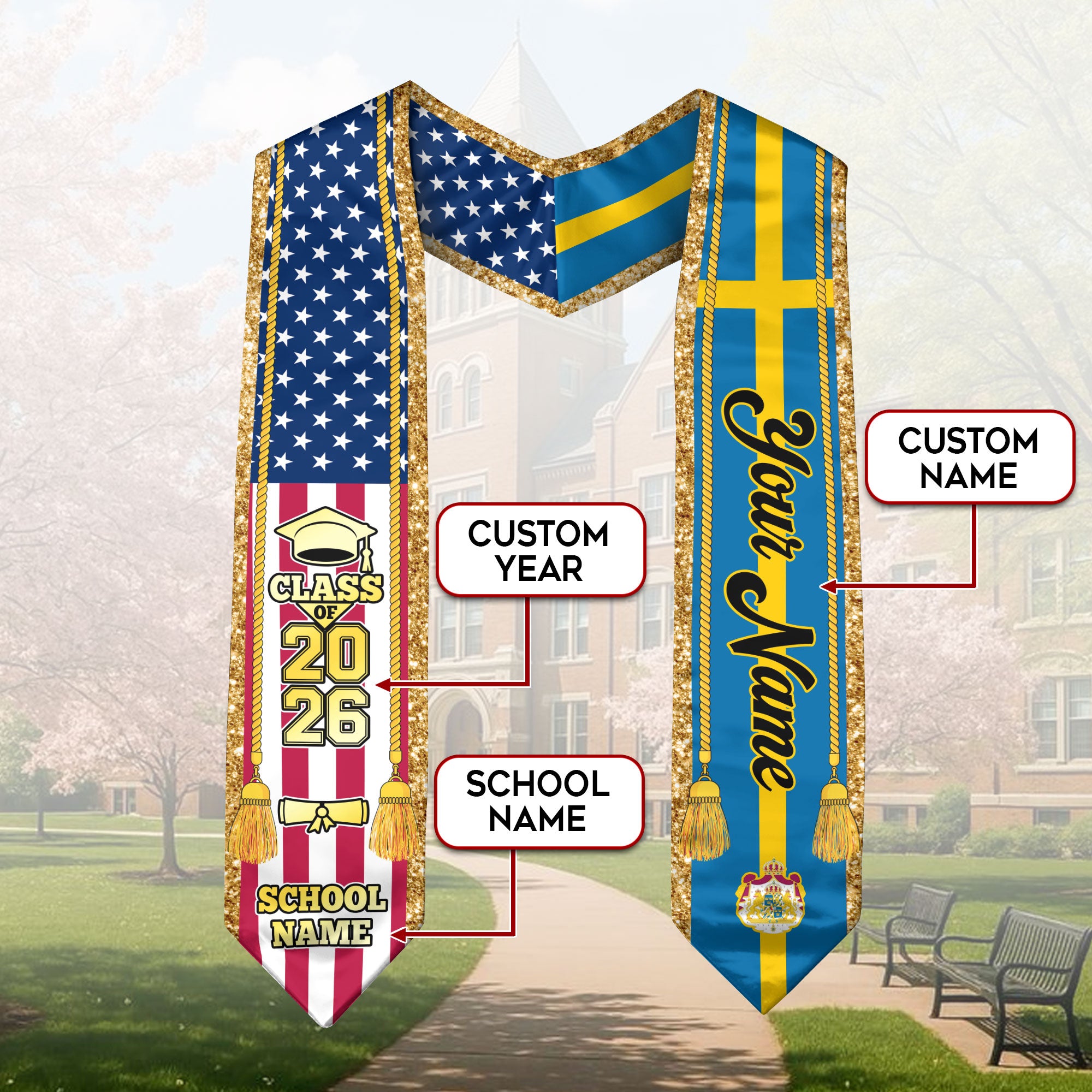 Customized Sweden Graduation Stole with Swedish Flag Emblem, Graduation Sash for Class of 2026