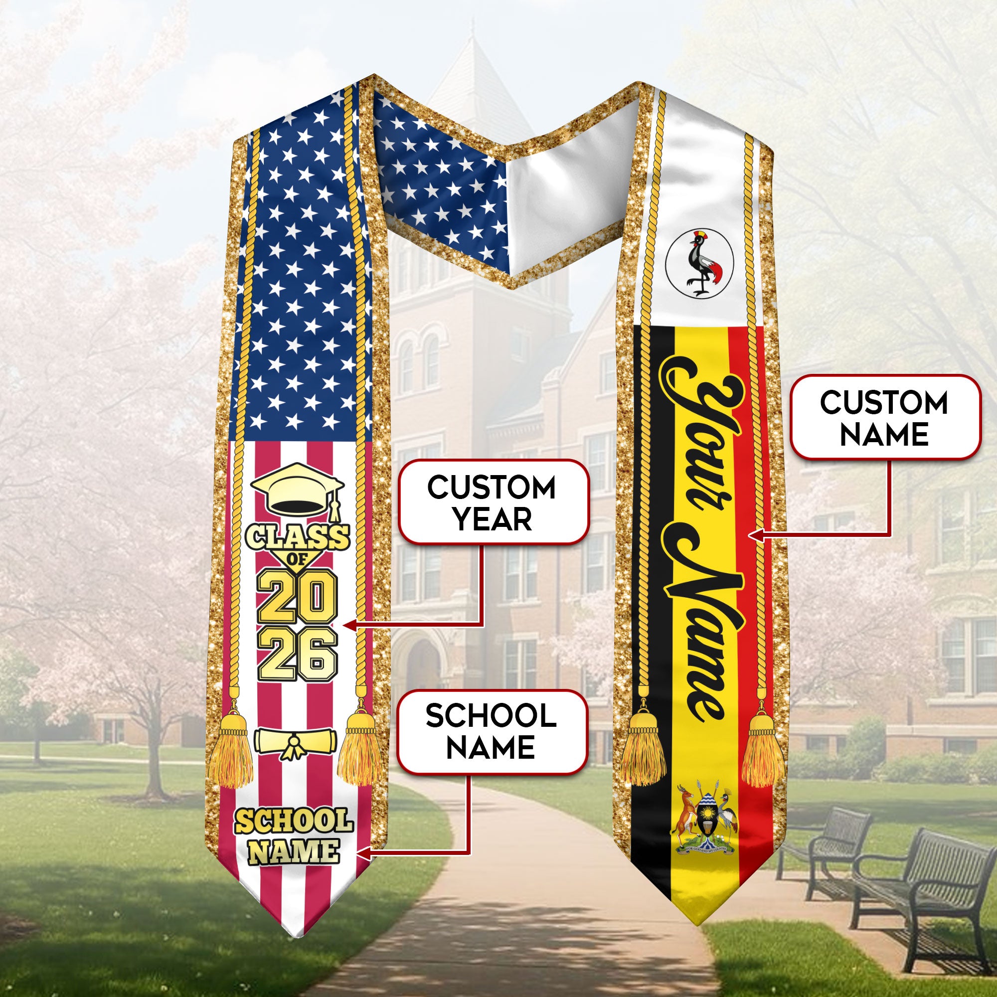 Customized Uganda Graduation Stole with Ugandan Flag Emblem, Graduation Sash for Class of 2026