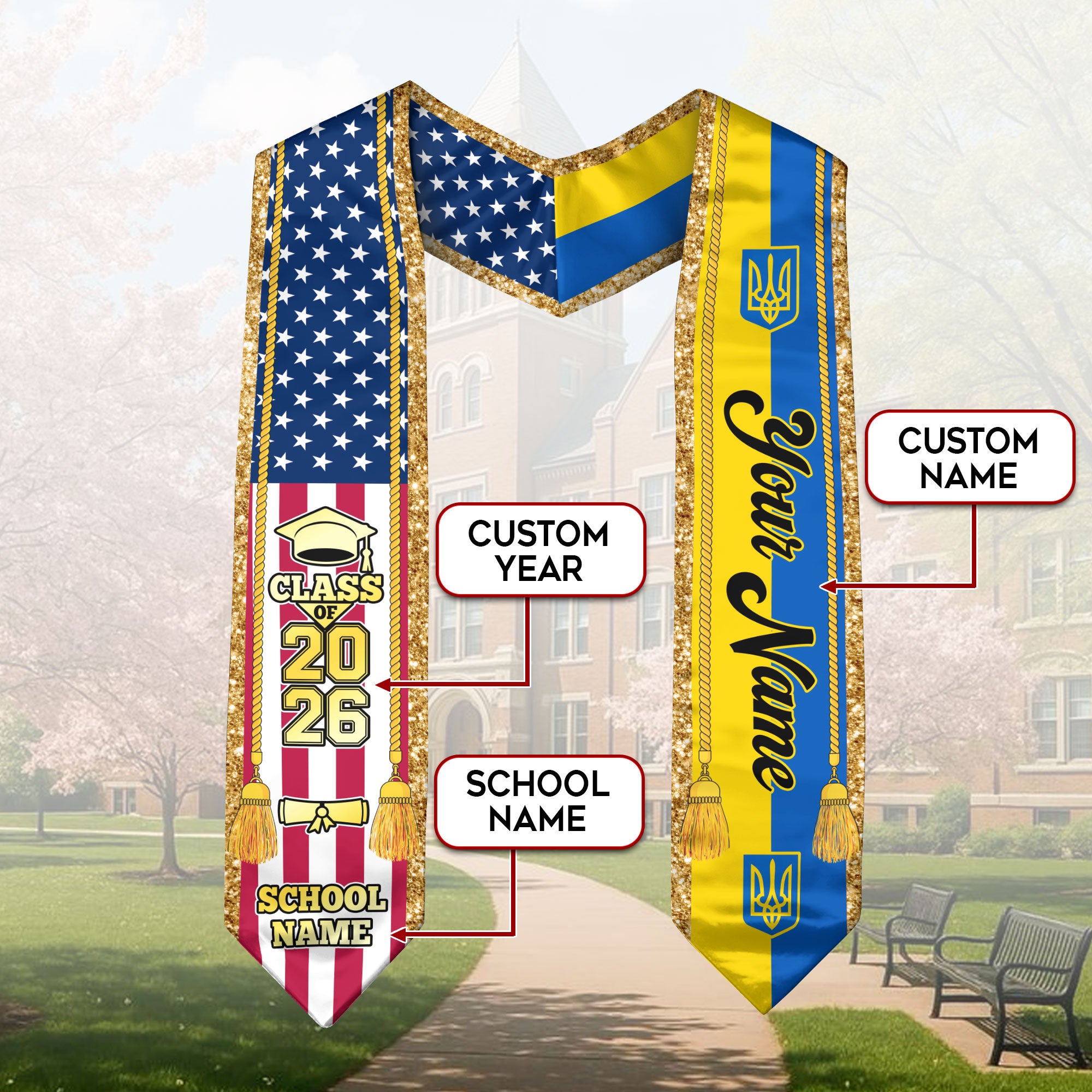 Customized Ukraine Graduation Stole with Ukrainian Flag Emblem, Graduation Sash for Class of 2026