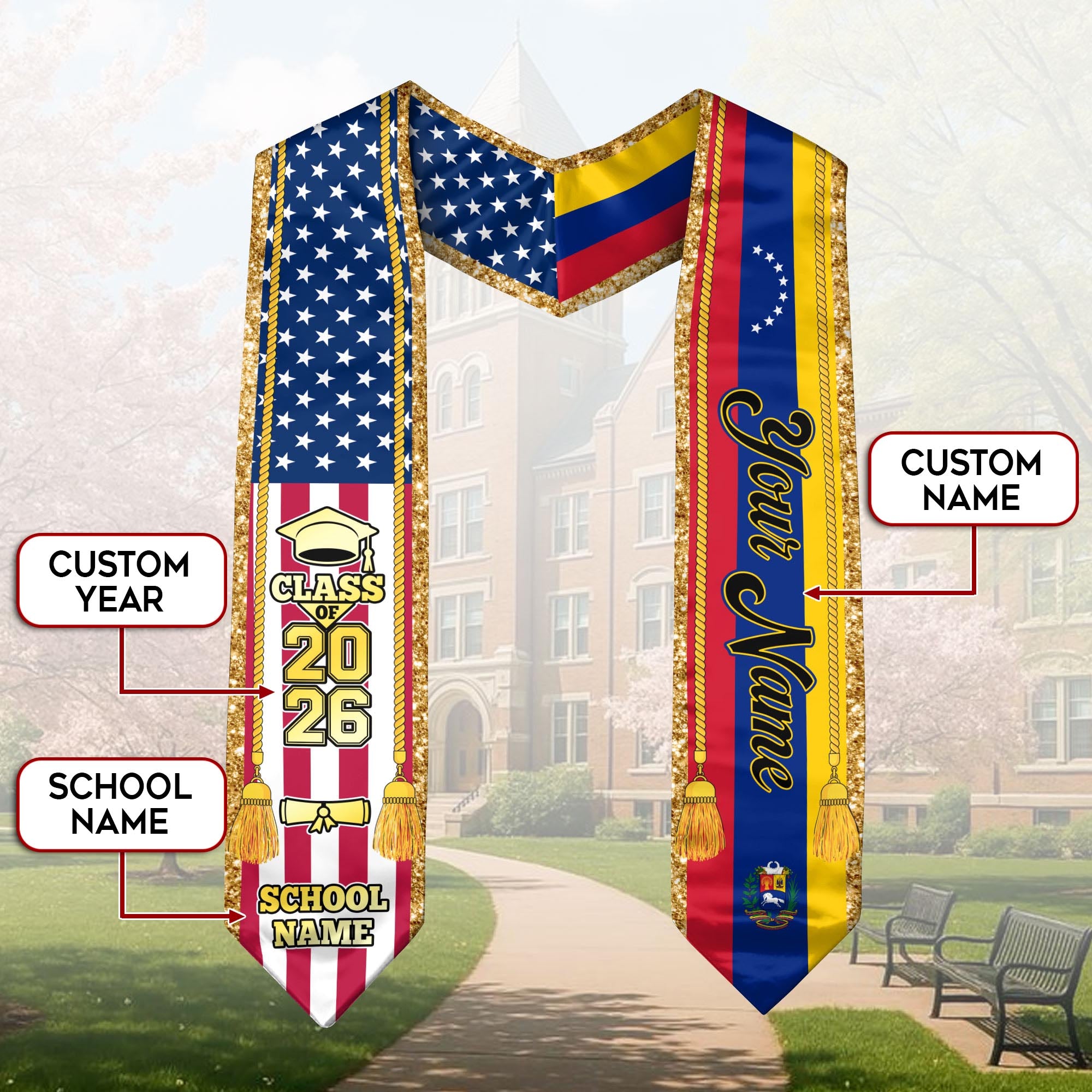 Customized Venezuela Graduation Stole with Venezuelan Flag Emblem, Graduation Sash for Class of 2026