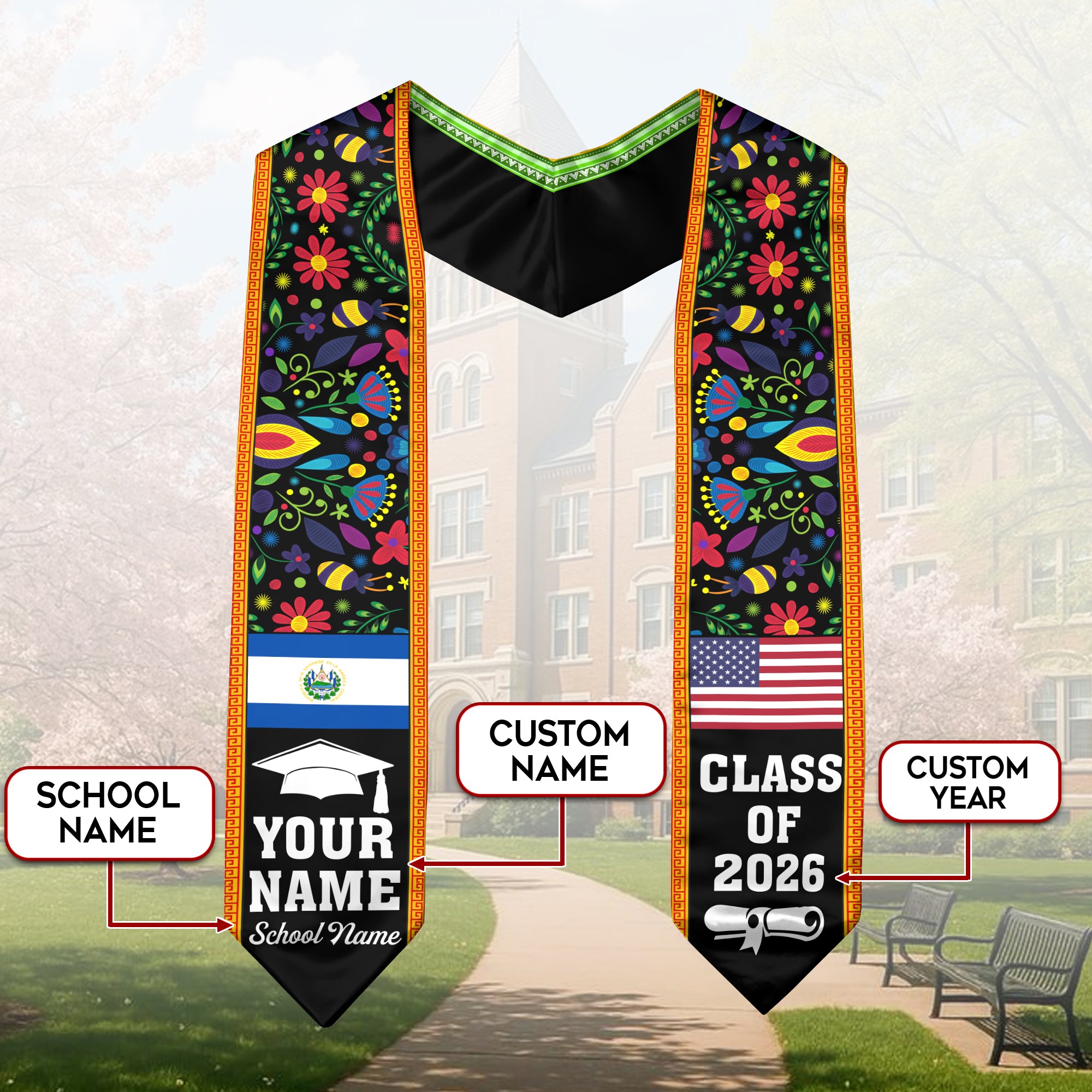 El Salvador Graduation Stole 2026, Salvadoran Flag Sash, Personal Detail Option