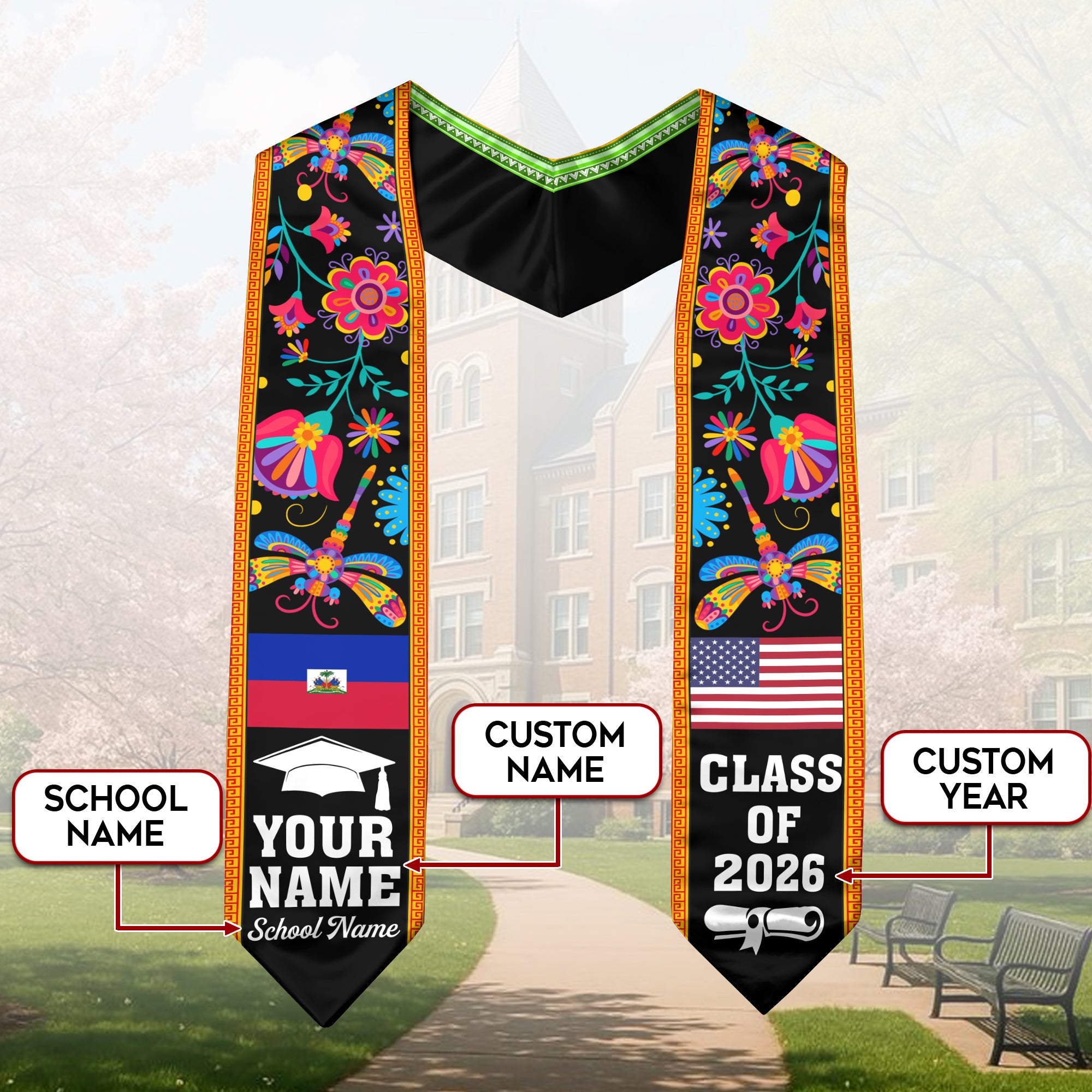 Haiti Graduation Stole 2026, Haitian Flag Sash, Custom Detail Option