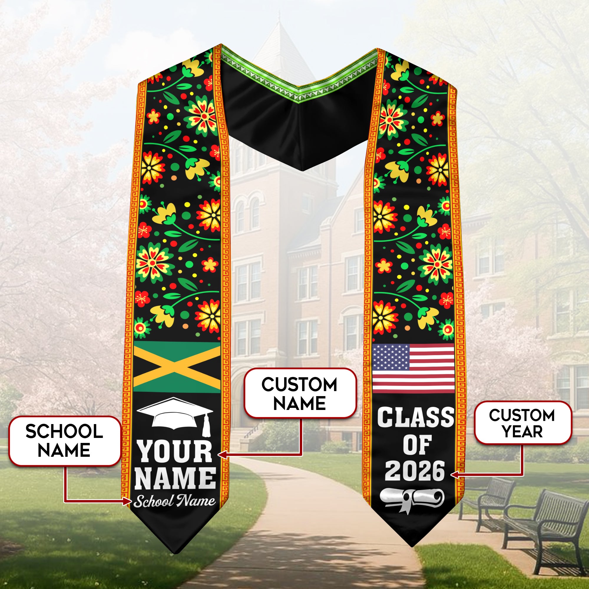 Jamaica Graduation Stole 2026, Jamaican Flag Sash, Add Personal Detail