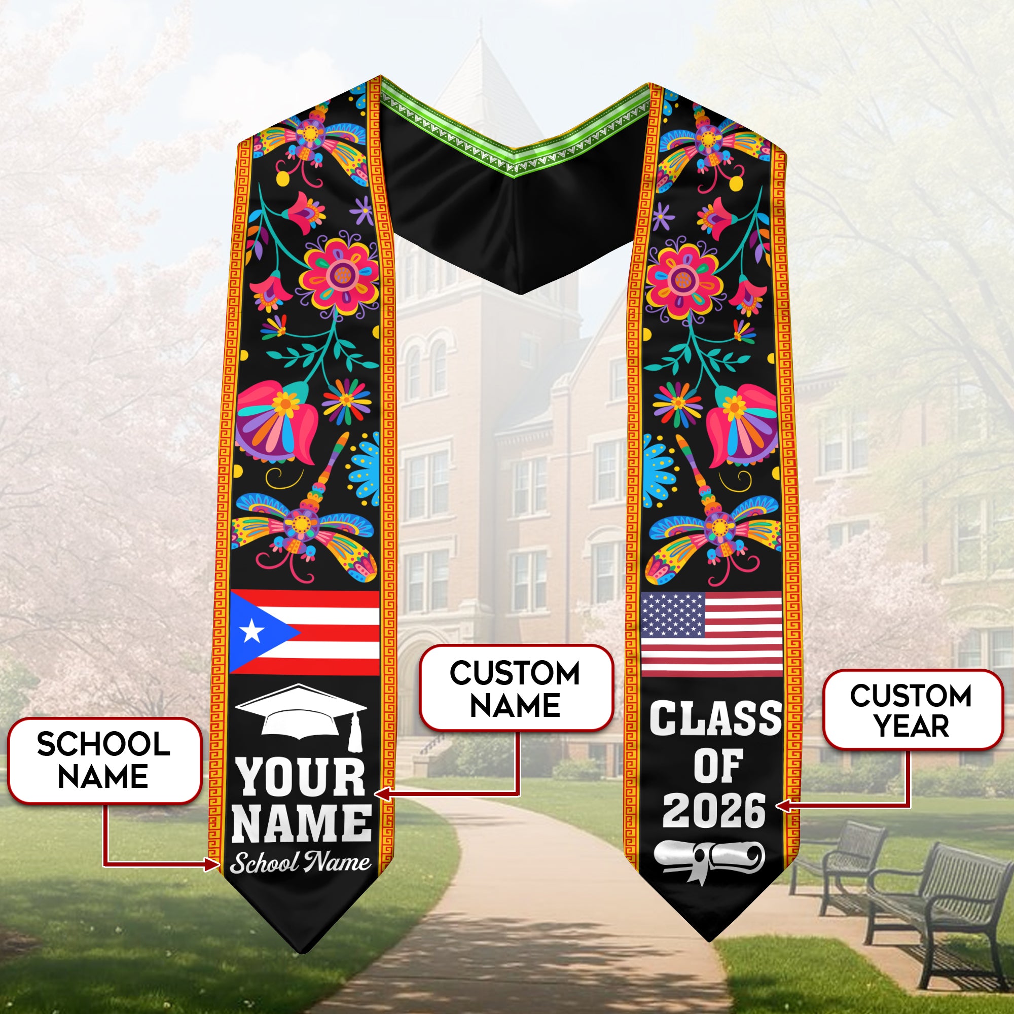 Puerto Rico Graduation Stole 2026, Puerto Rican Flag Sash, Personalization Option