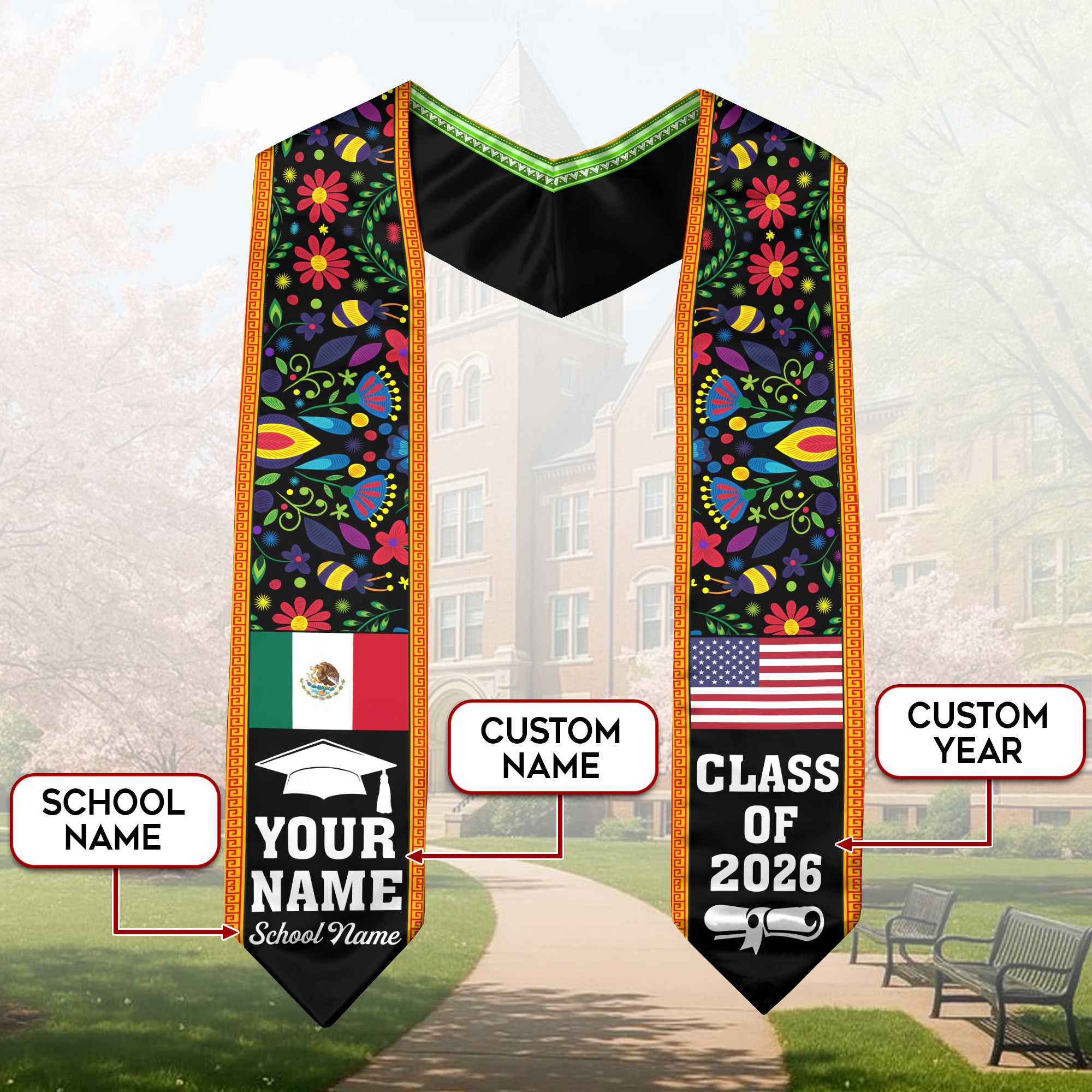 Mexico Flag Graduation Sash 2026, Mexican Stole, Add Personalized Detail for Senior Day