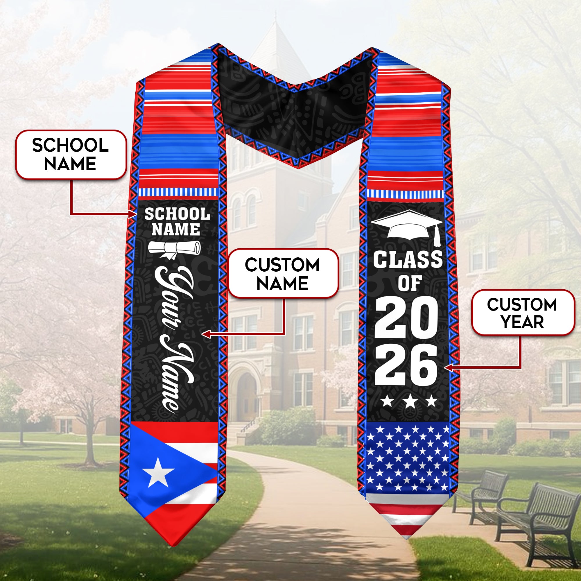 2026 Puerto Rico Flag Graduation Stole, Puerto Rican Sash, Add Your Detail