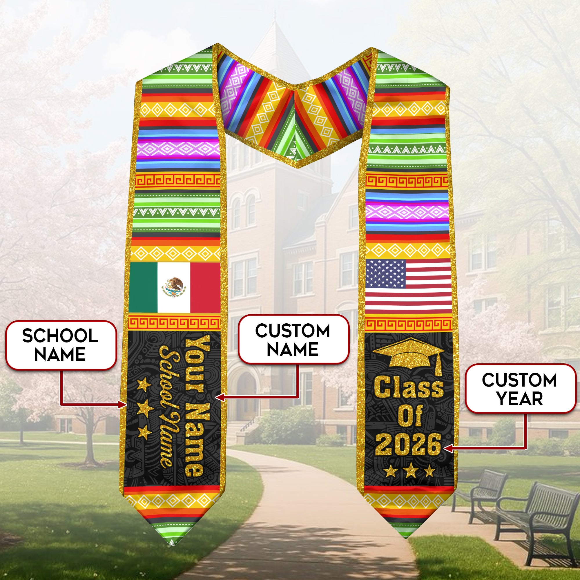 2026 Mexican Graduation Stole, Mexico Flag Sash, Personal Detail Option for Cap & Gown