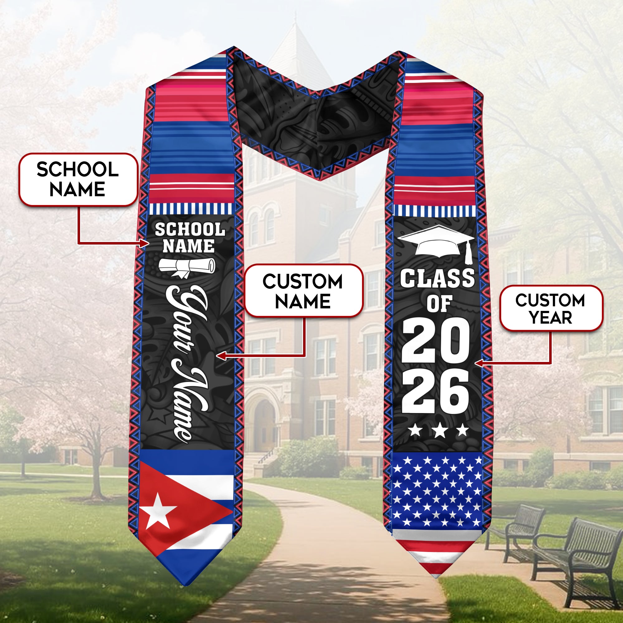 2026 Cuba Flag Graduation Stole, Cuban Sash, Personalization Option