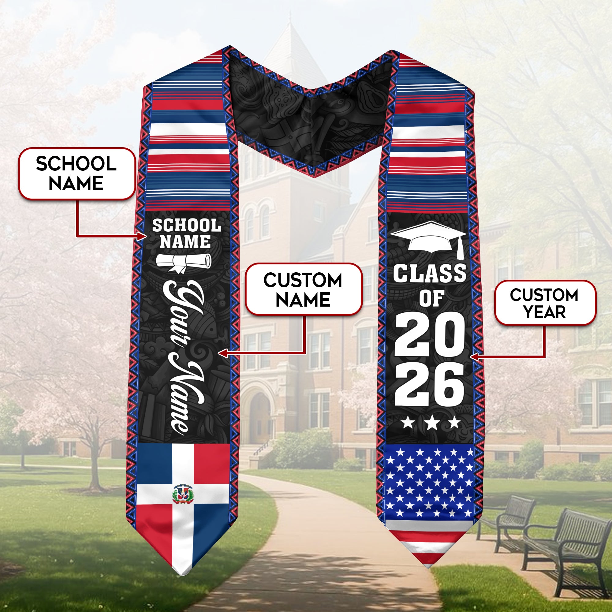 2026 Dominican Republic Flag Graduation Sash, Dominican Stole, Add Detail