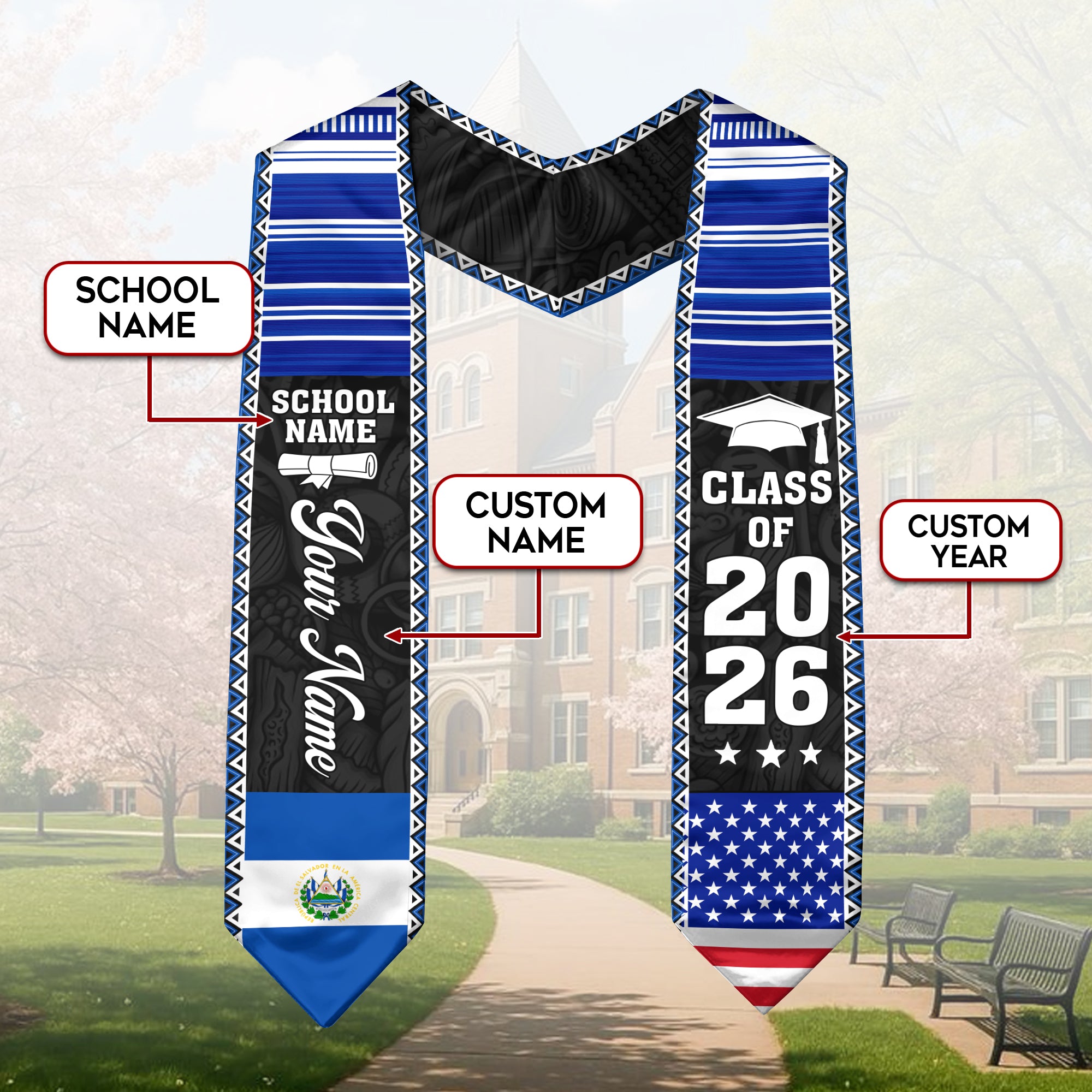 2026 El Salvador Flag Graduation Sash, El Salvador Stole, Add Custom Detail