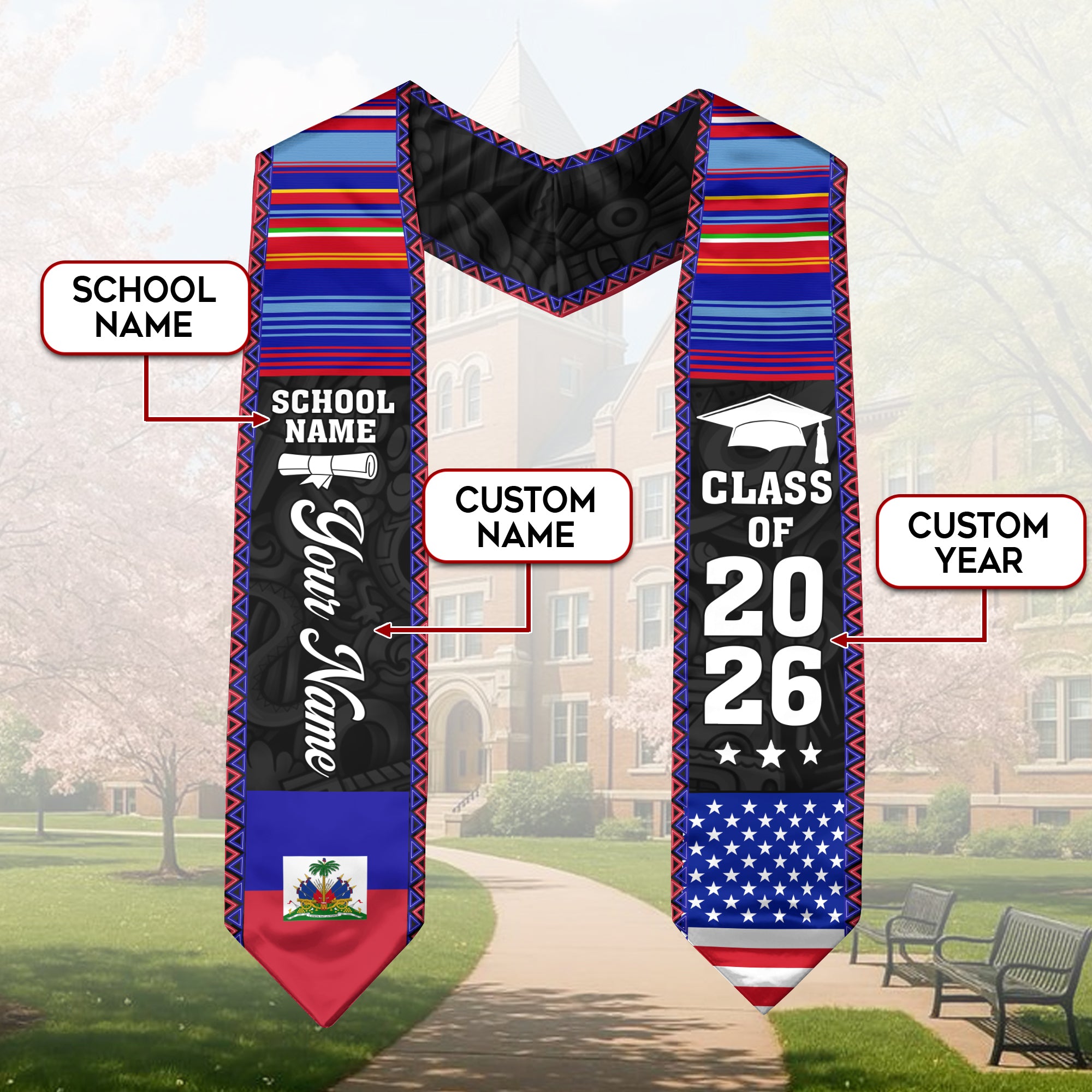 2026 Haiti Flag Graduation Sash, Haiti Stole, Add Custom Detail