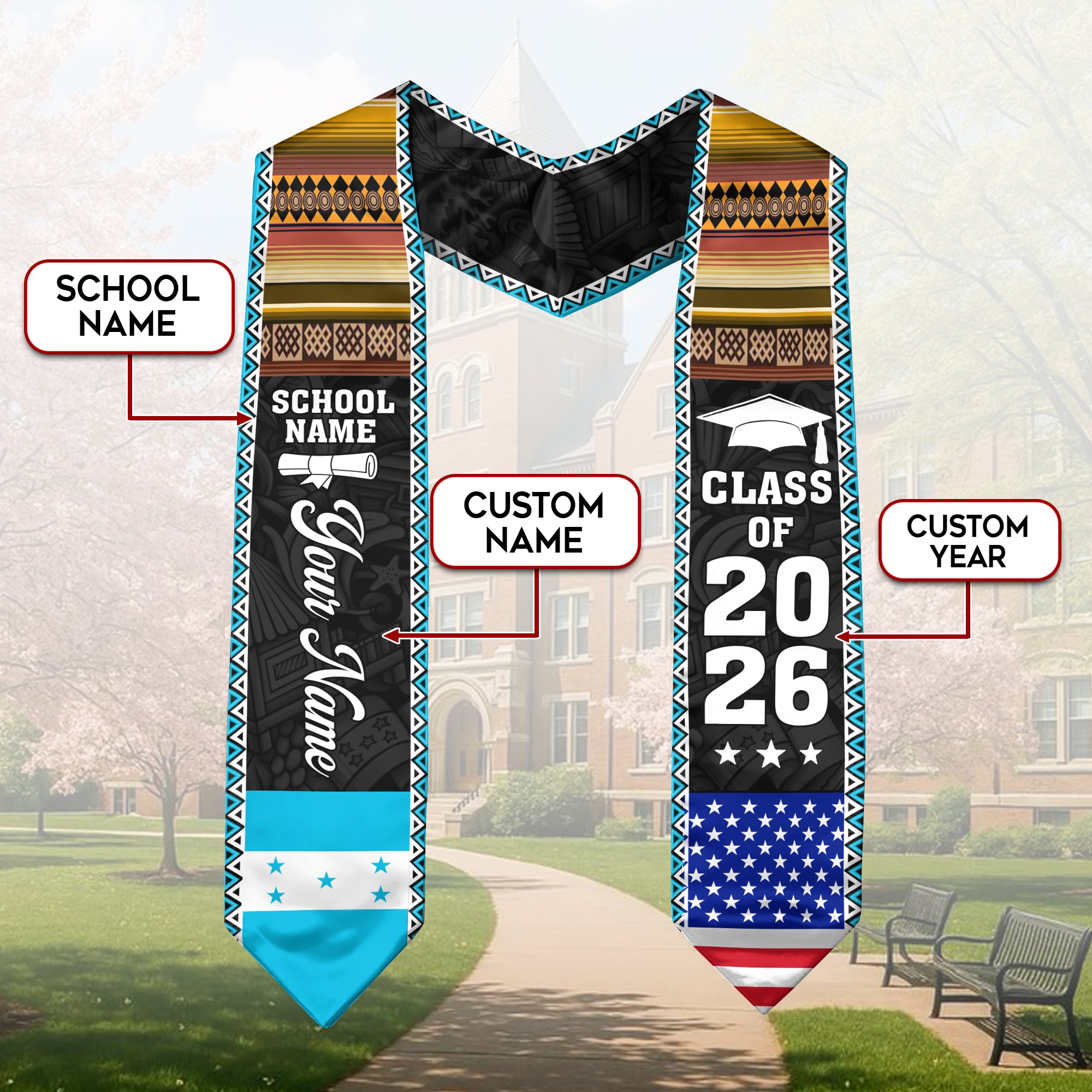 2026 Honduras Flag Graduation Sash, Honduras Stole, Add Personal Detail