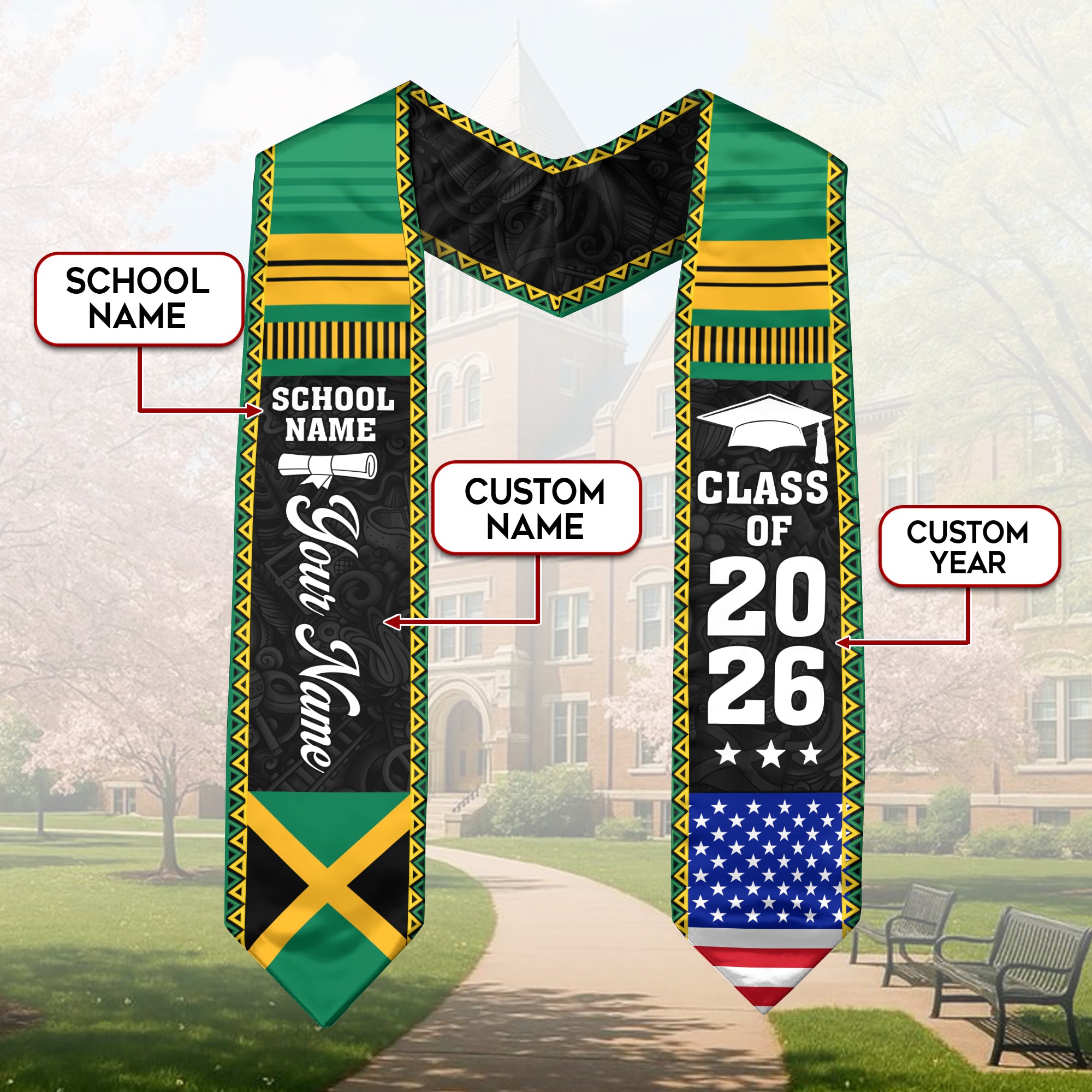 2026 Jamaica Flag Graduation Sash, Jamaica Stole, Personalization Option