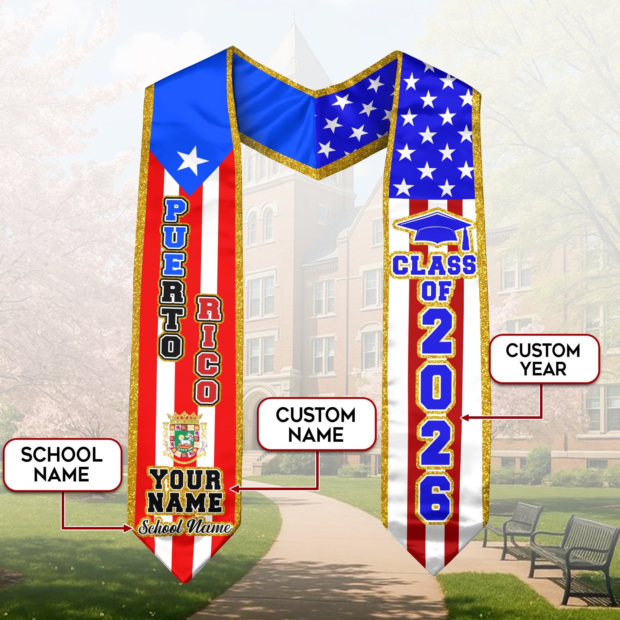Puerto Rico Flag Graduation Sash 2026, Personalized Stole, Customizable Detail