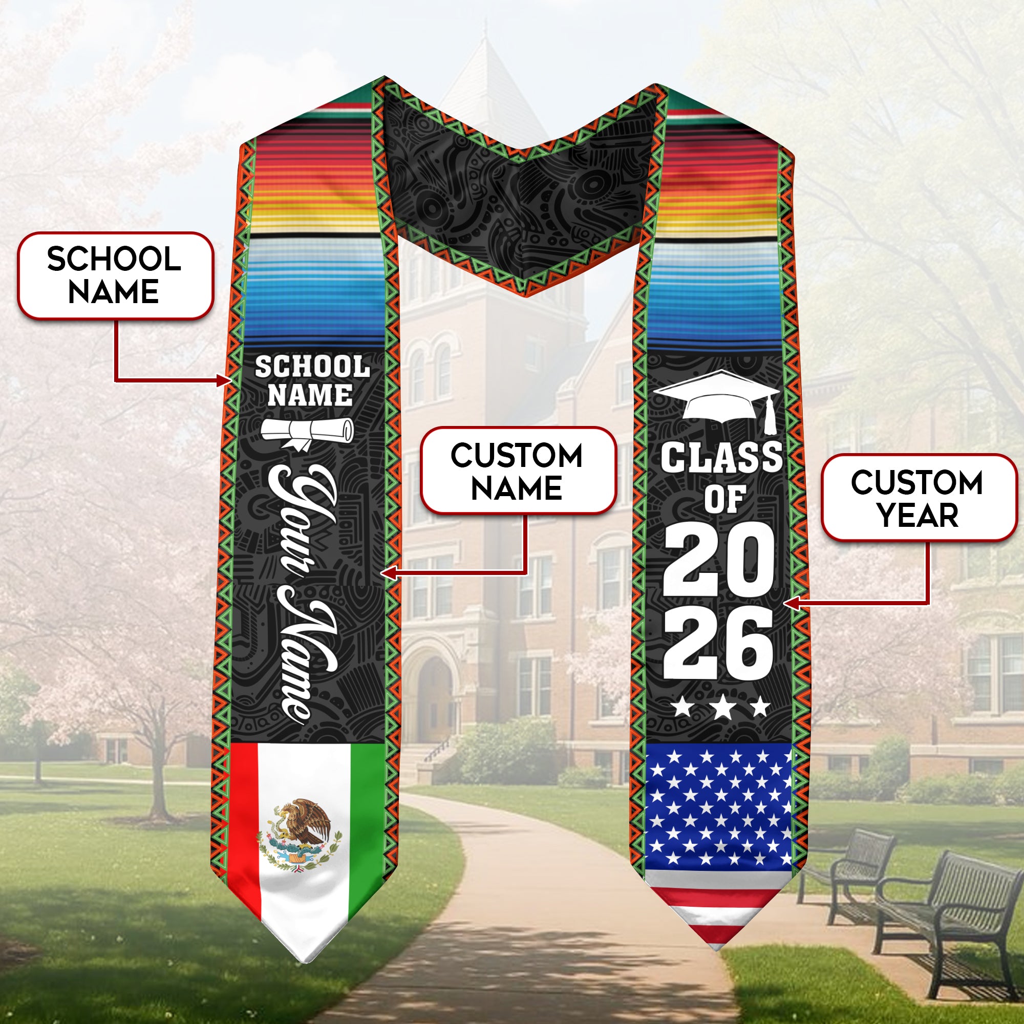 Mexican Flag Stole 2026, Mexico Graduation Sash, Optional Personalized Detail for Pictures