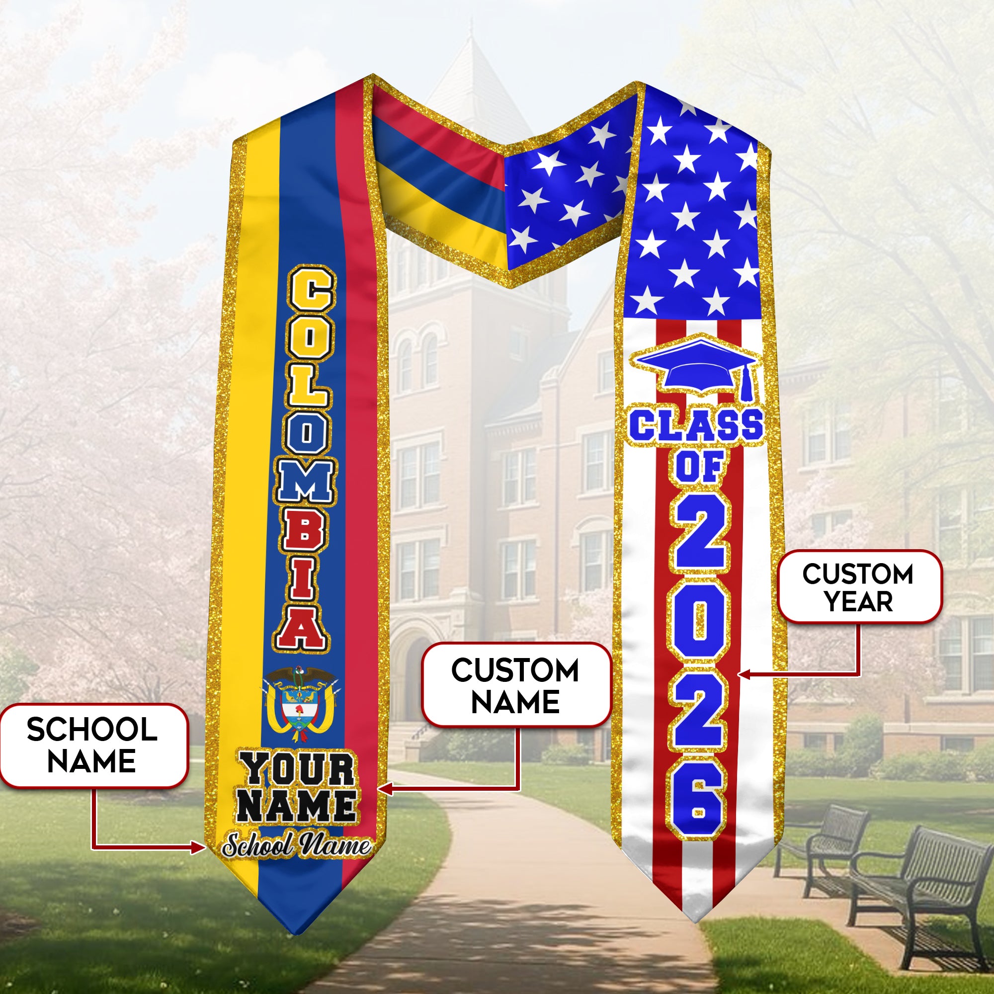 Customized Graduation Stole Colombia, Colombia Flag Graduation Sash, Custom Stole for Graduation 2026