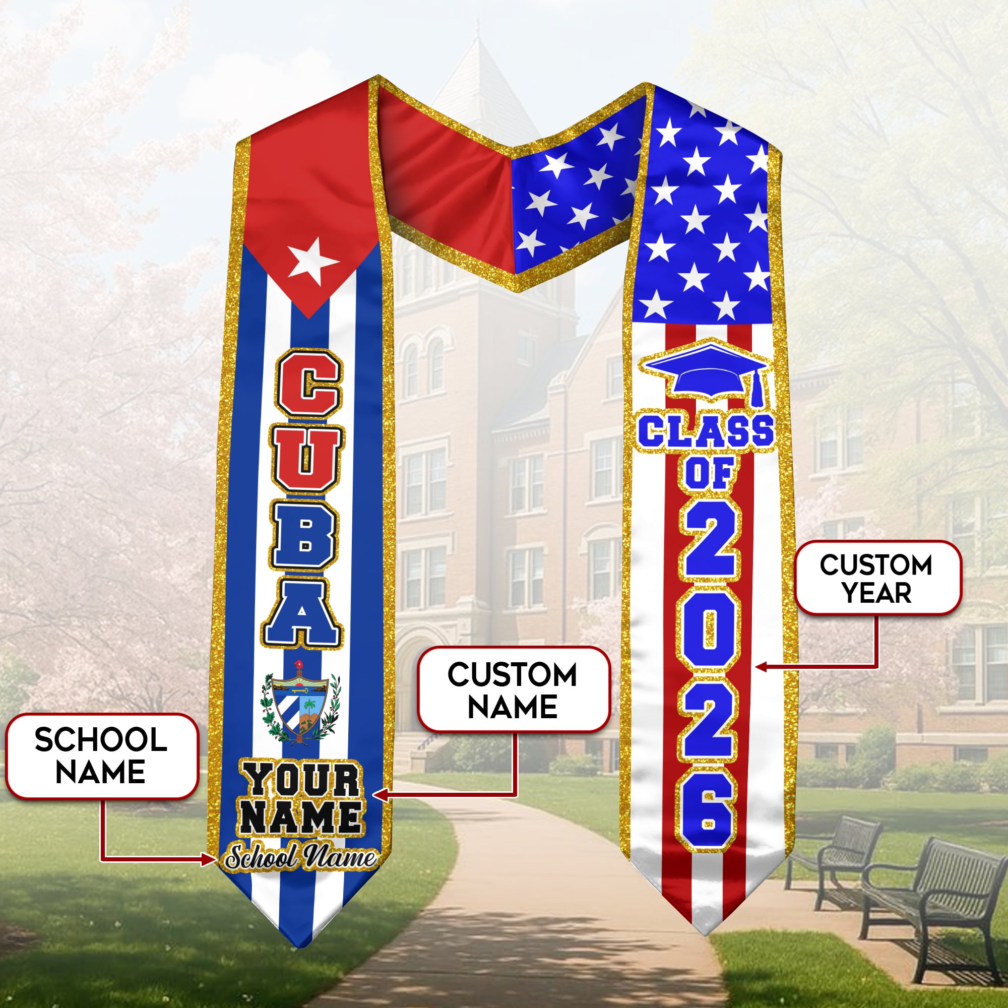 Cuba Flag Graduation Stole 2026, Cuban Sash, Add Personal Detail