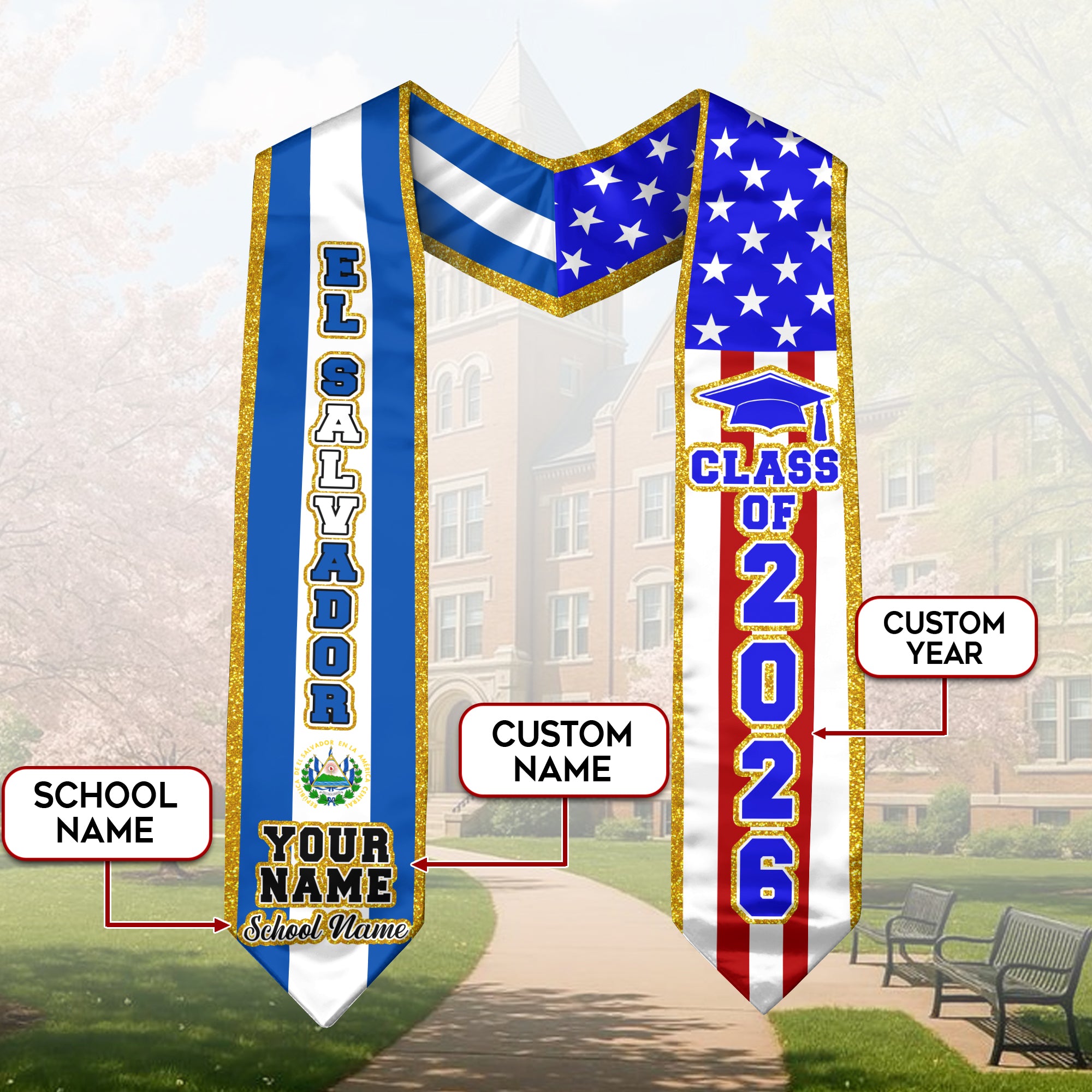 El Salvador Flag Graduation Sash 2026, Personalized Stole, Custom Detail