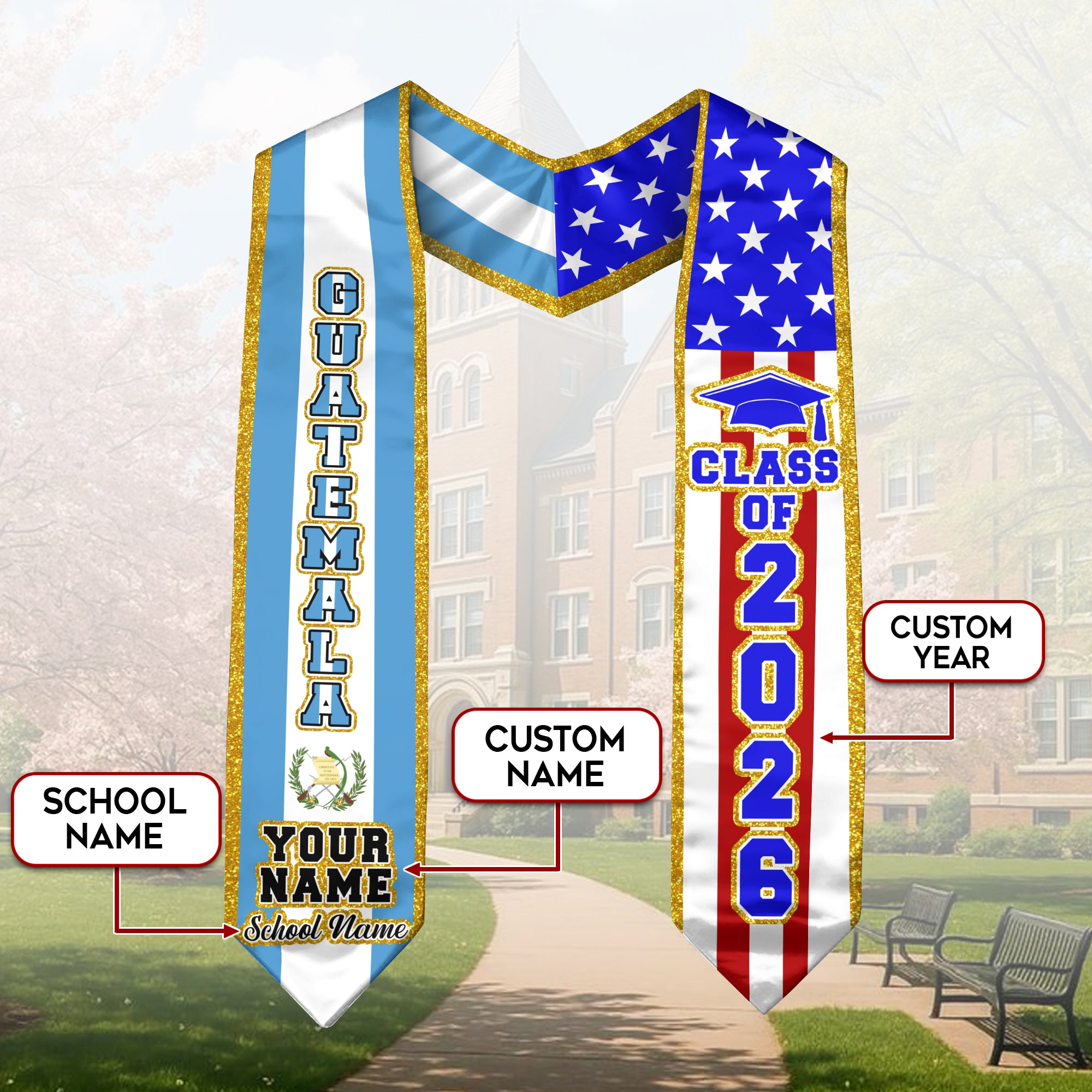 Customized Guatemala Graduation Stole, Bandera De Guatemala Stole, Custom Graduation Sash 2026, Class Of 2026