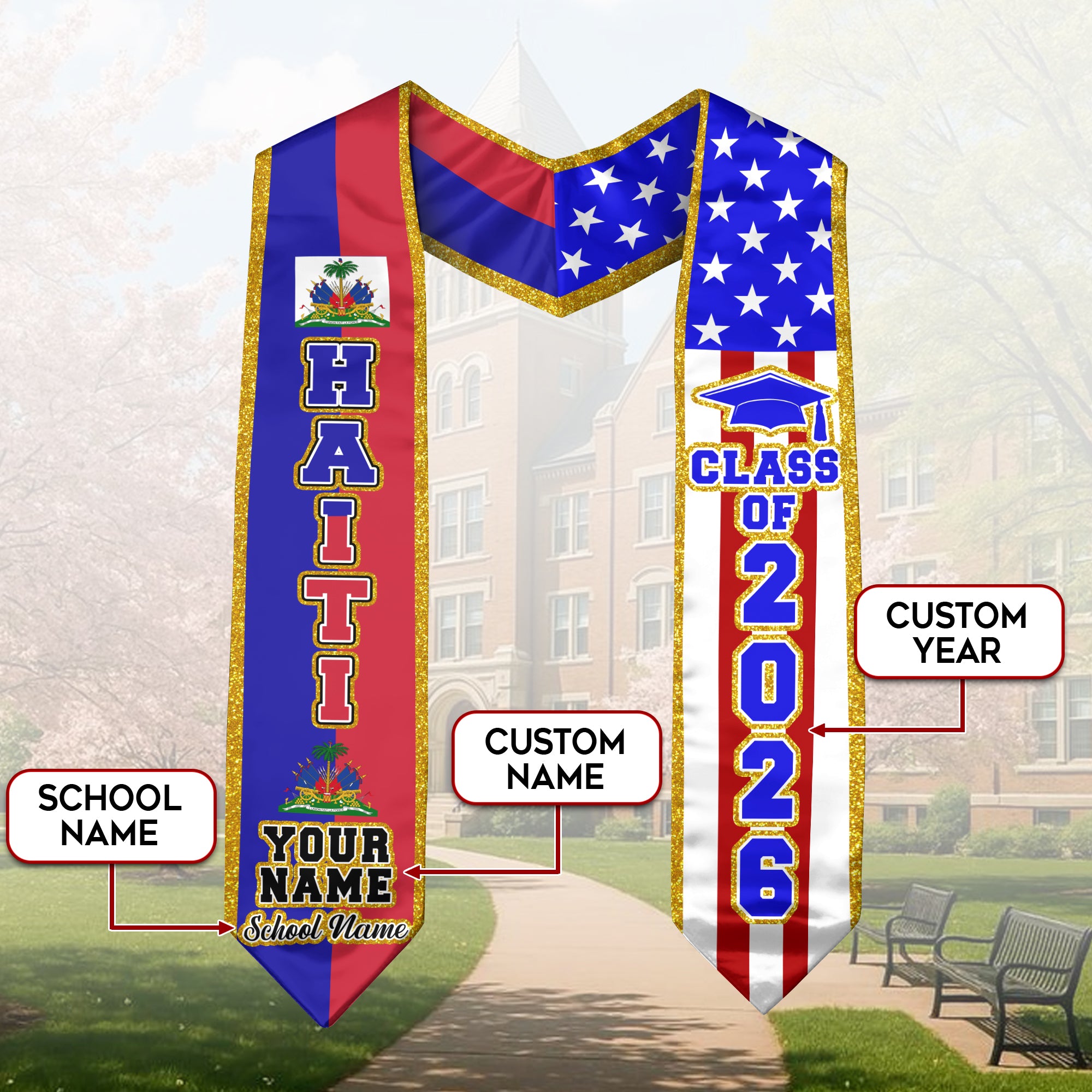 Haiti Flag Graduation Stole 2026, Haitian Sash, Personalized Detail