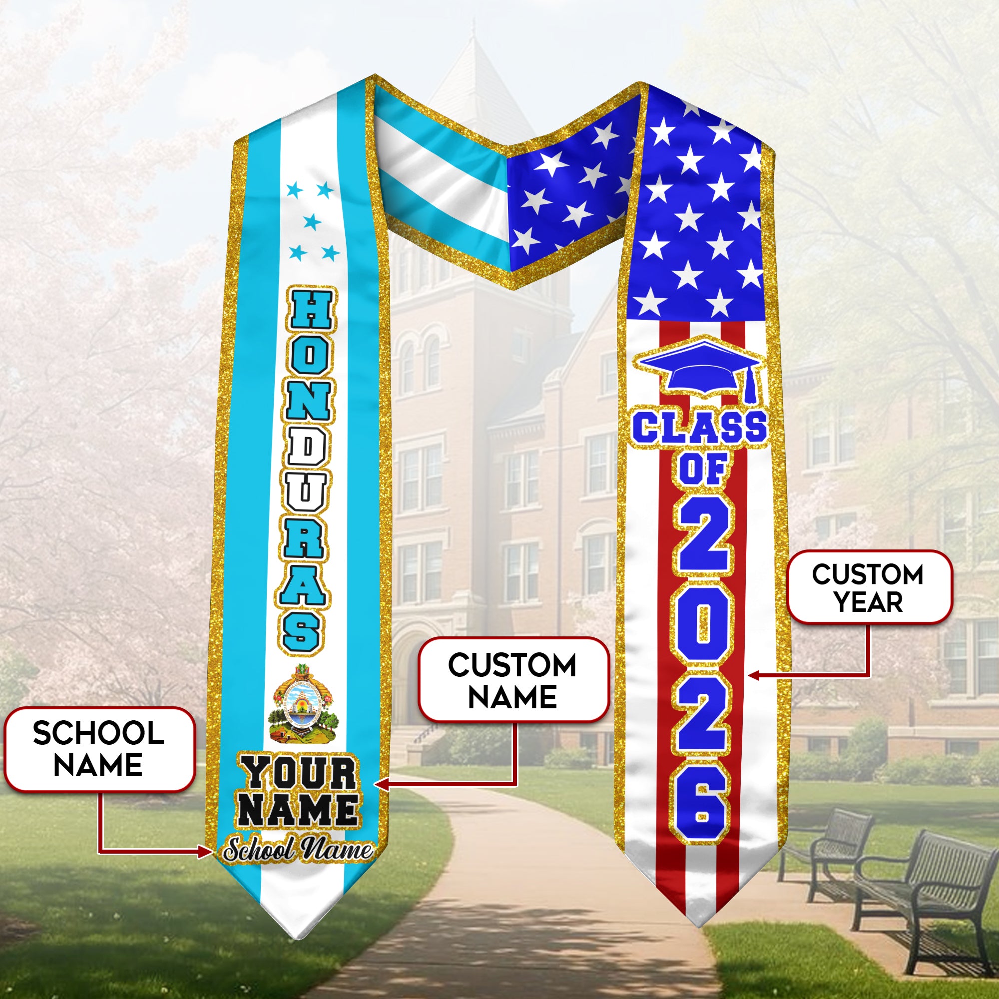 Honduras Flag Graduation Stole 2026, Honduran Sash, Customizable Detail