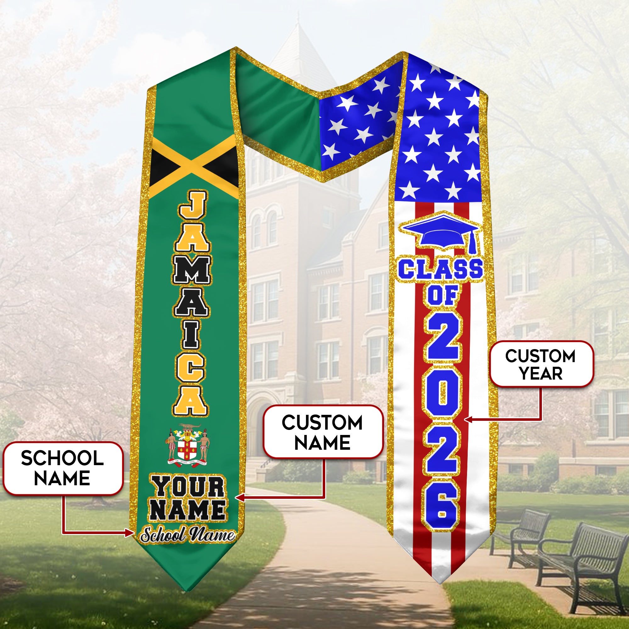 Jamaica Flag Graduation Stole 2026, Jamaican Sash, Personalized Detail