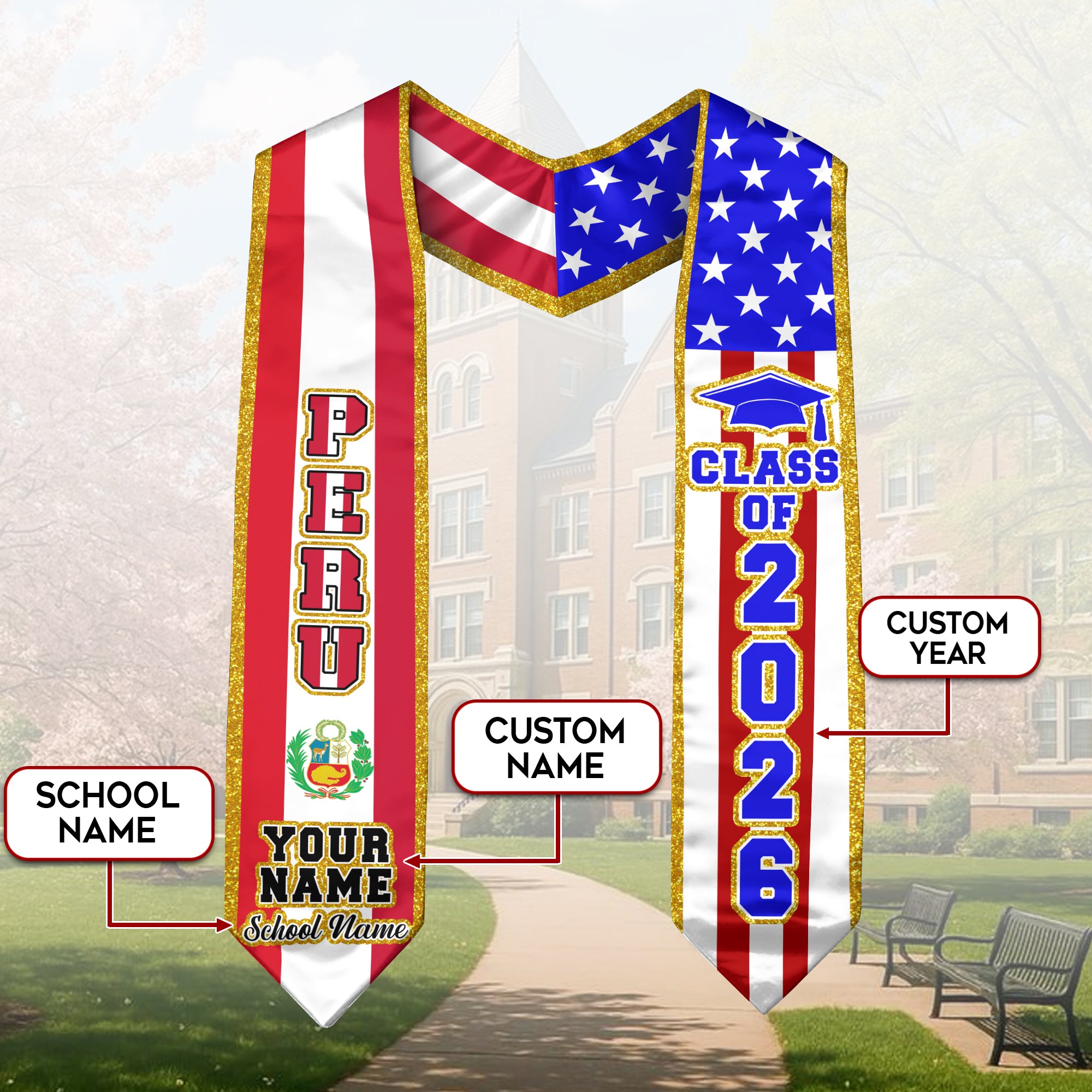 Customized Graduation Stole Peru, Peru Flag Graduation Sash, Custom Stole for Graduation 2026