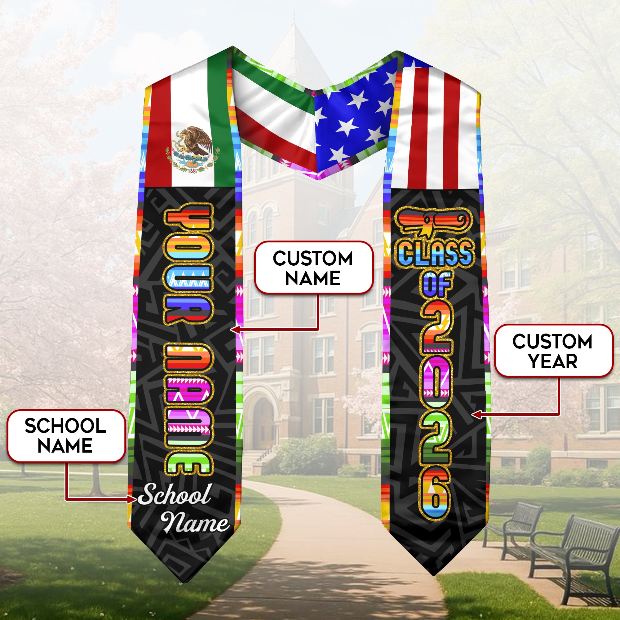 2026 Mexico Graduation Stole, Mexican American Flag Sash, Add a Personal Detail Option