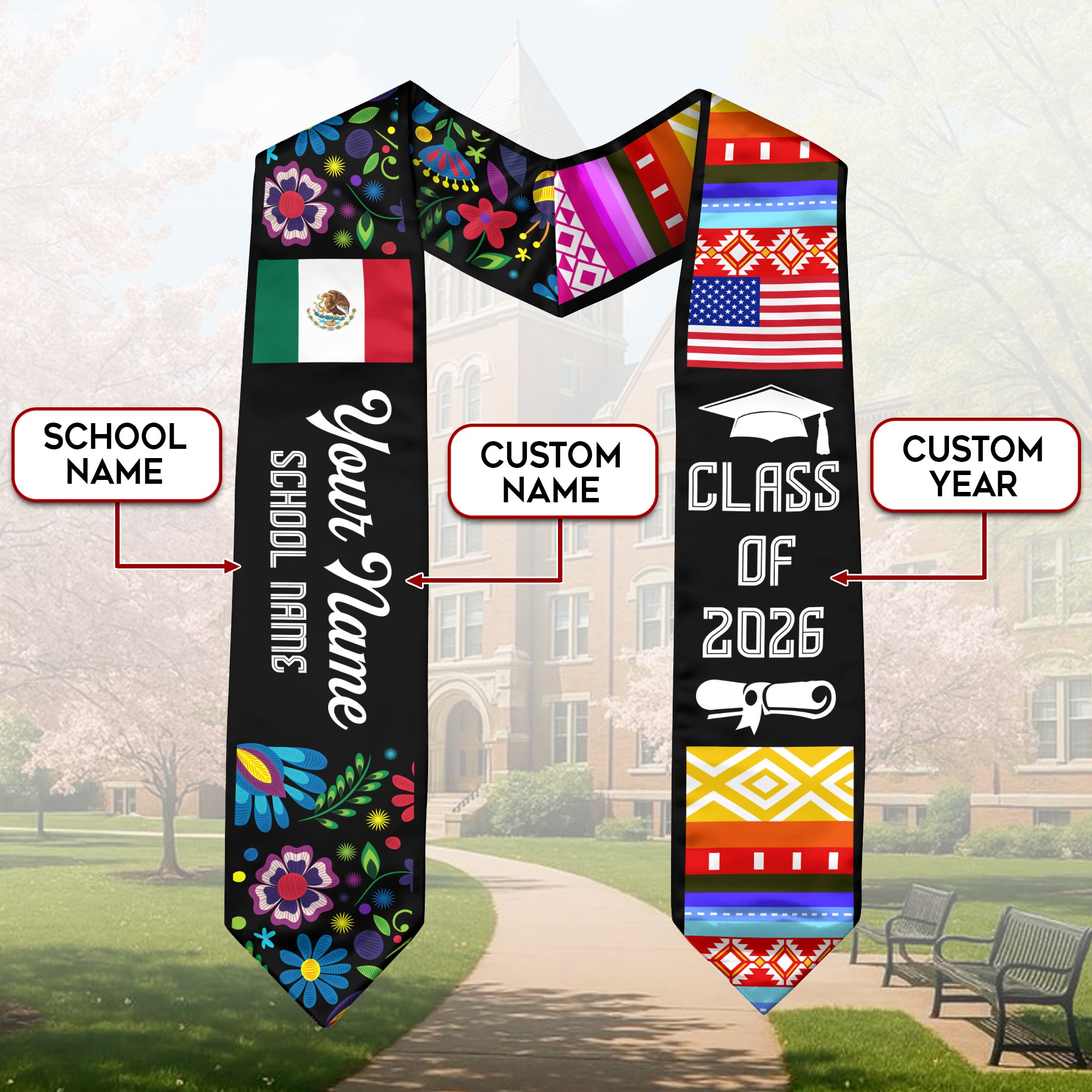 Mexican Flag Graduation Stole 2026, Mexico Sash, Optional Personalized Detail for Grads