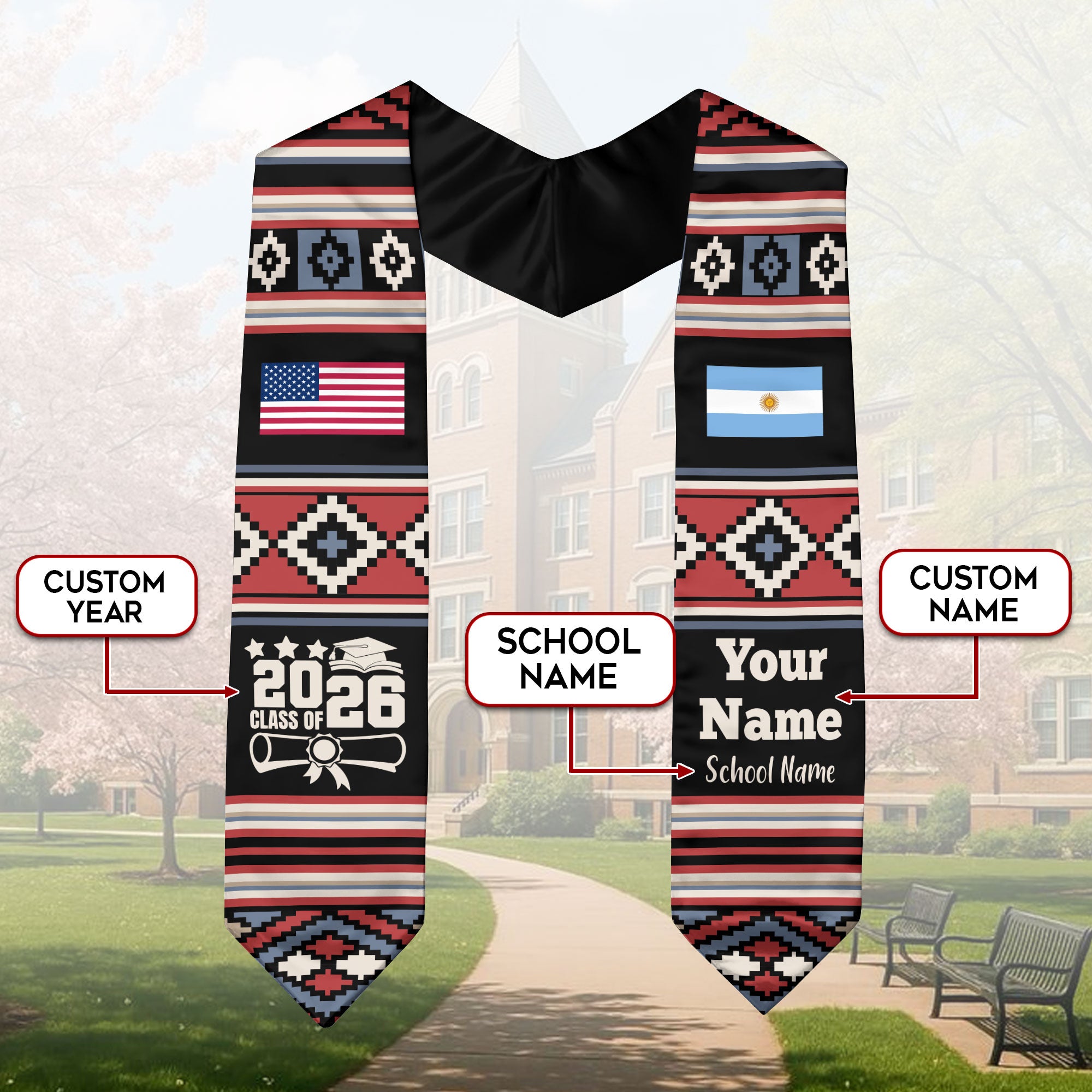 Customized Argentina Graduation Stole Featuring National Flag Motif, Graduation Sash for Class of 2026