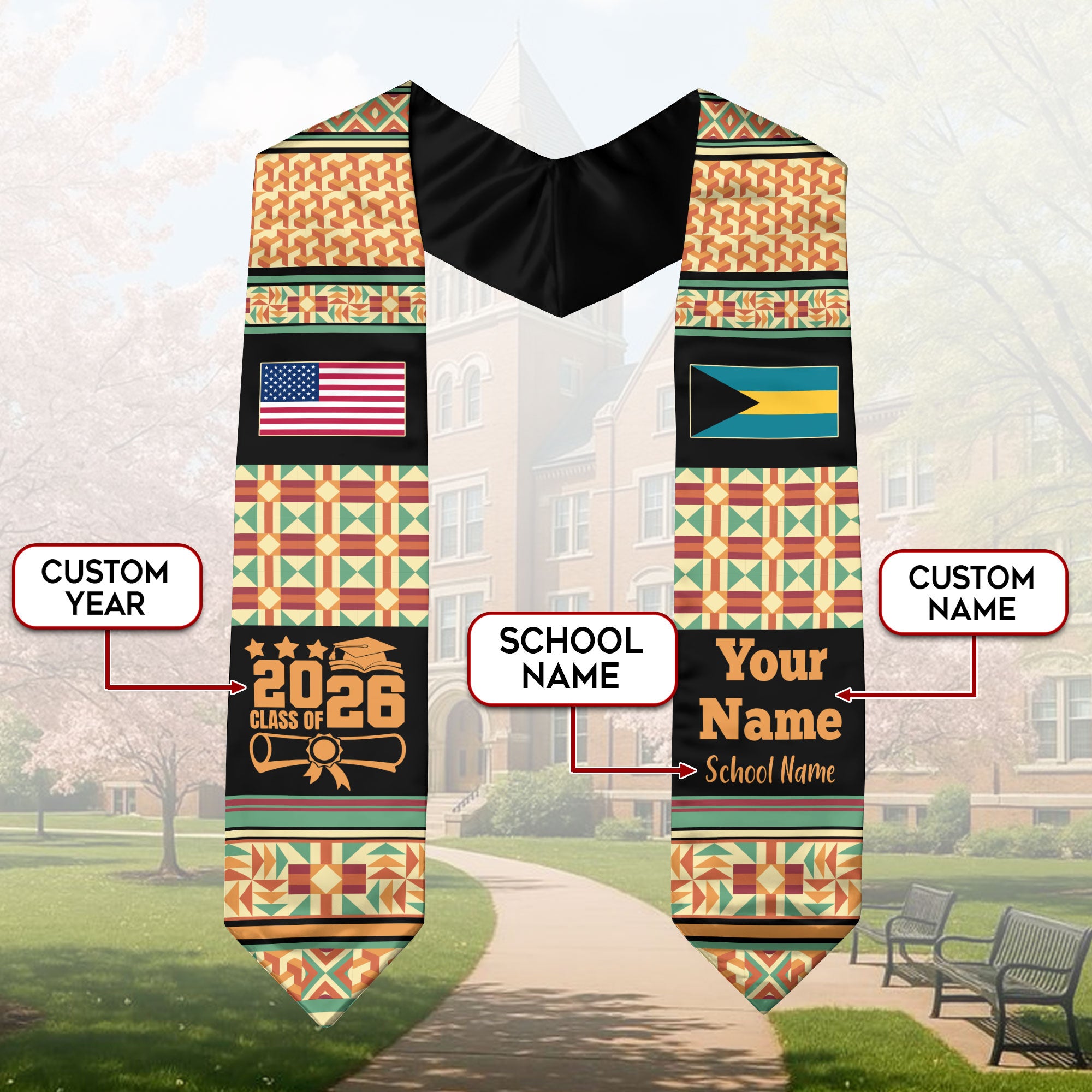 Customized Bahamas Graduation Stole Featuring Island Flag Motif, Graduation Sash for Class of 2026