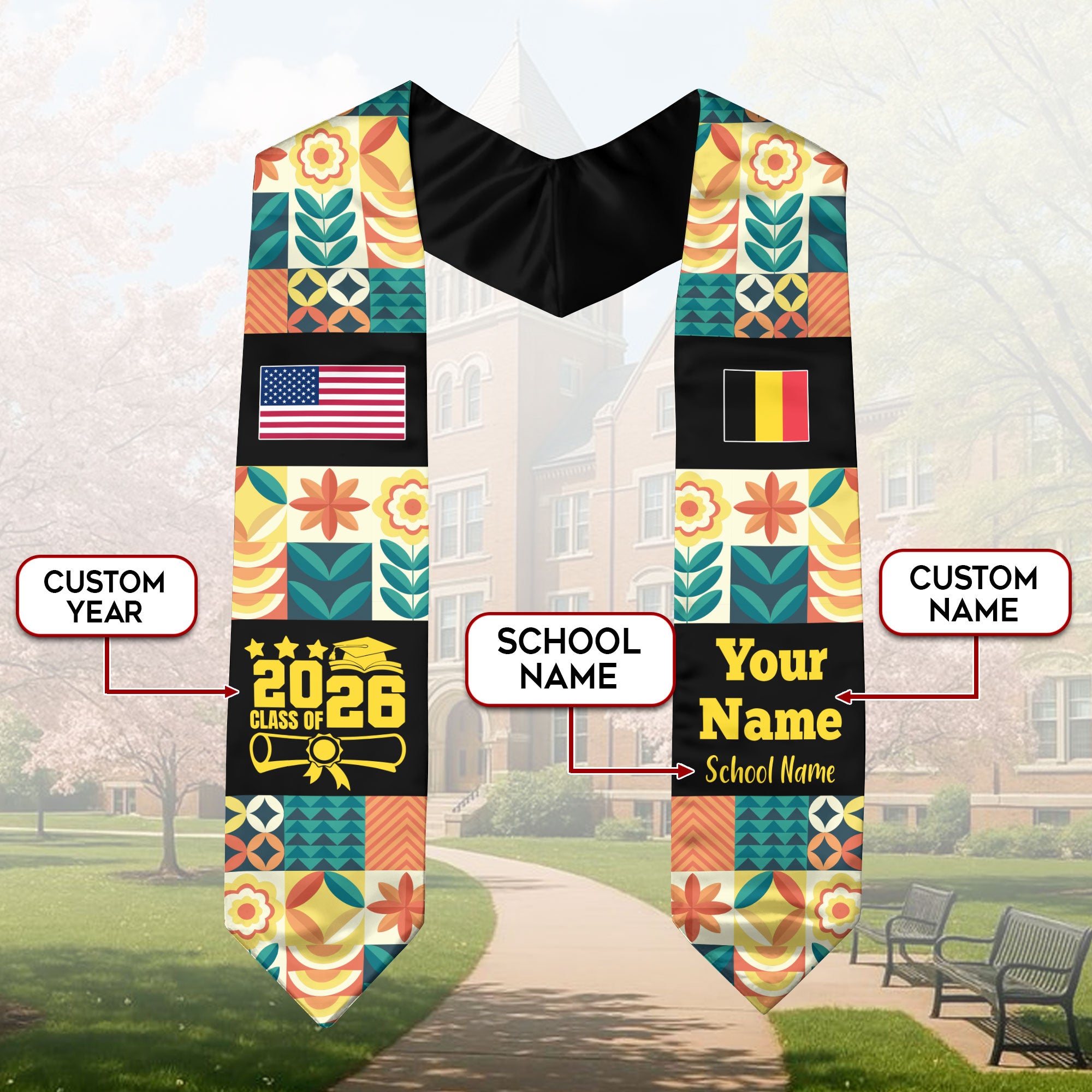 Customized Belgium Graduation Stole Featuring National Flag Motif, Graduation Sash for Class of 2026