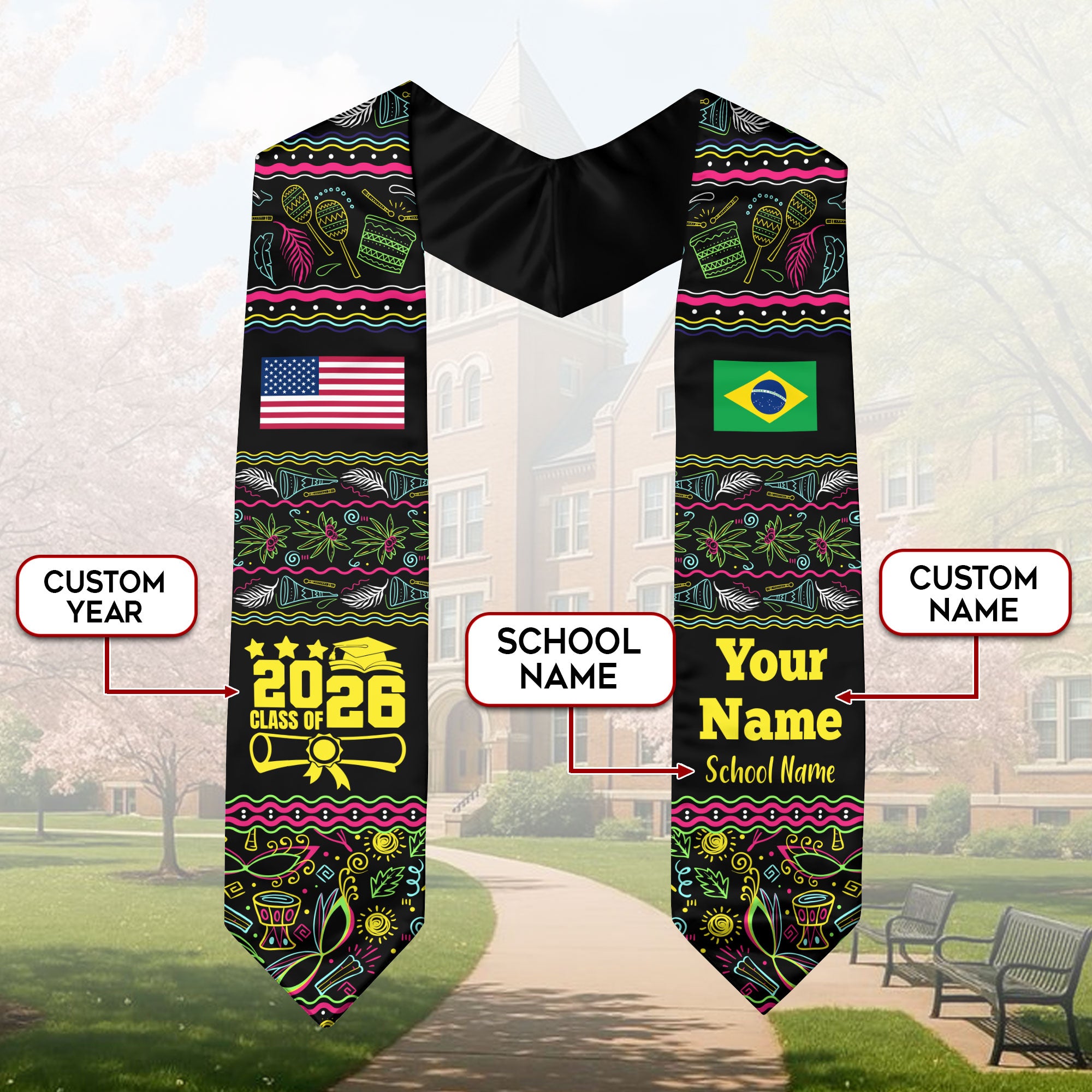 Customized Brazil Graduation Stole Featuring National Flag Motif, Graduation Sash for Class of 2026