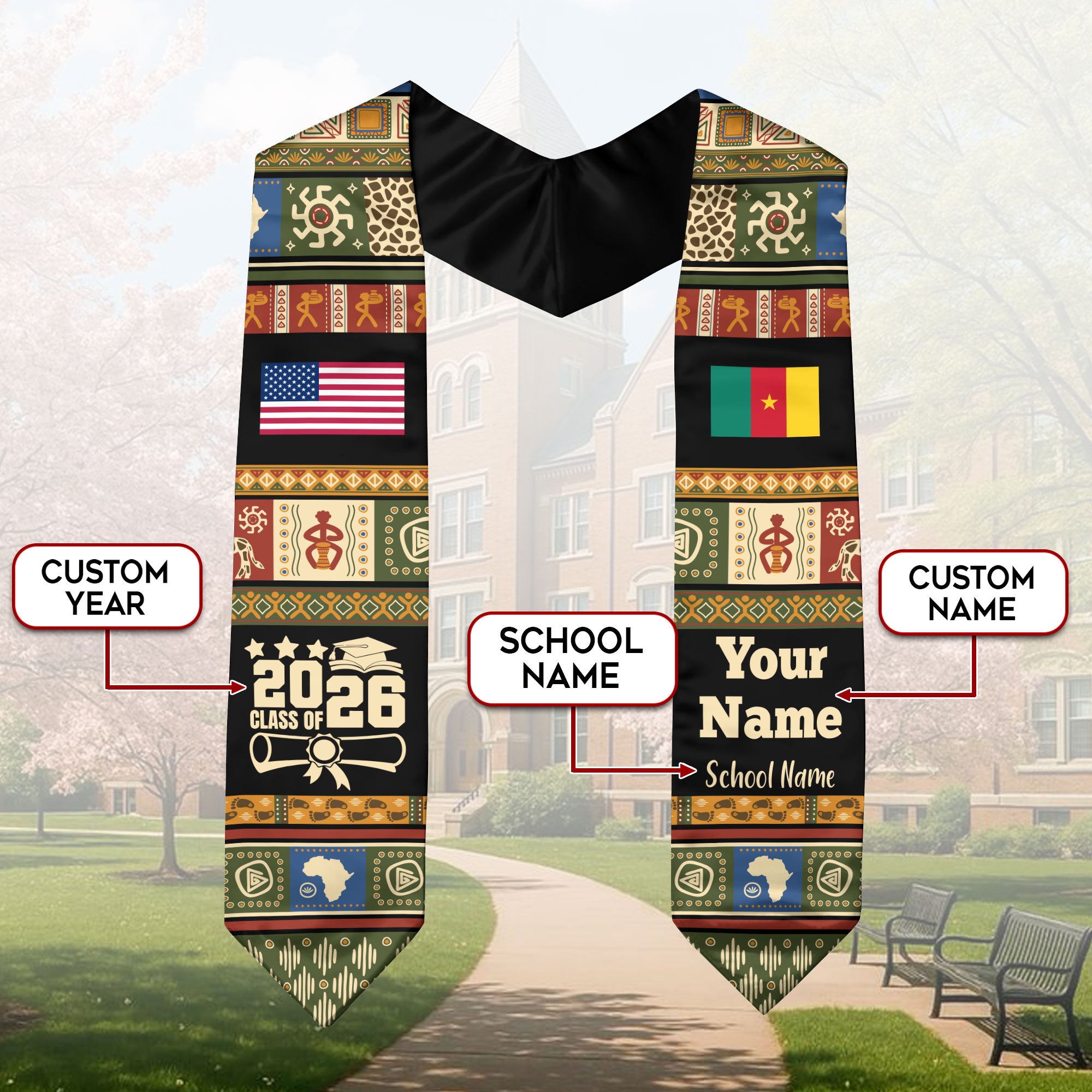 Customized Cameroon Graduation Stole Featuring National Flag Motif, Graduation Sash for Class of 2026